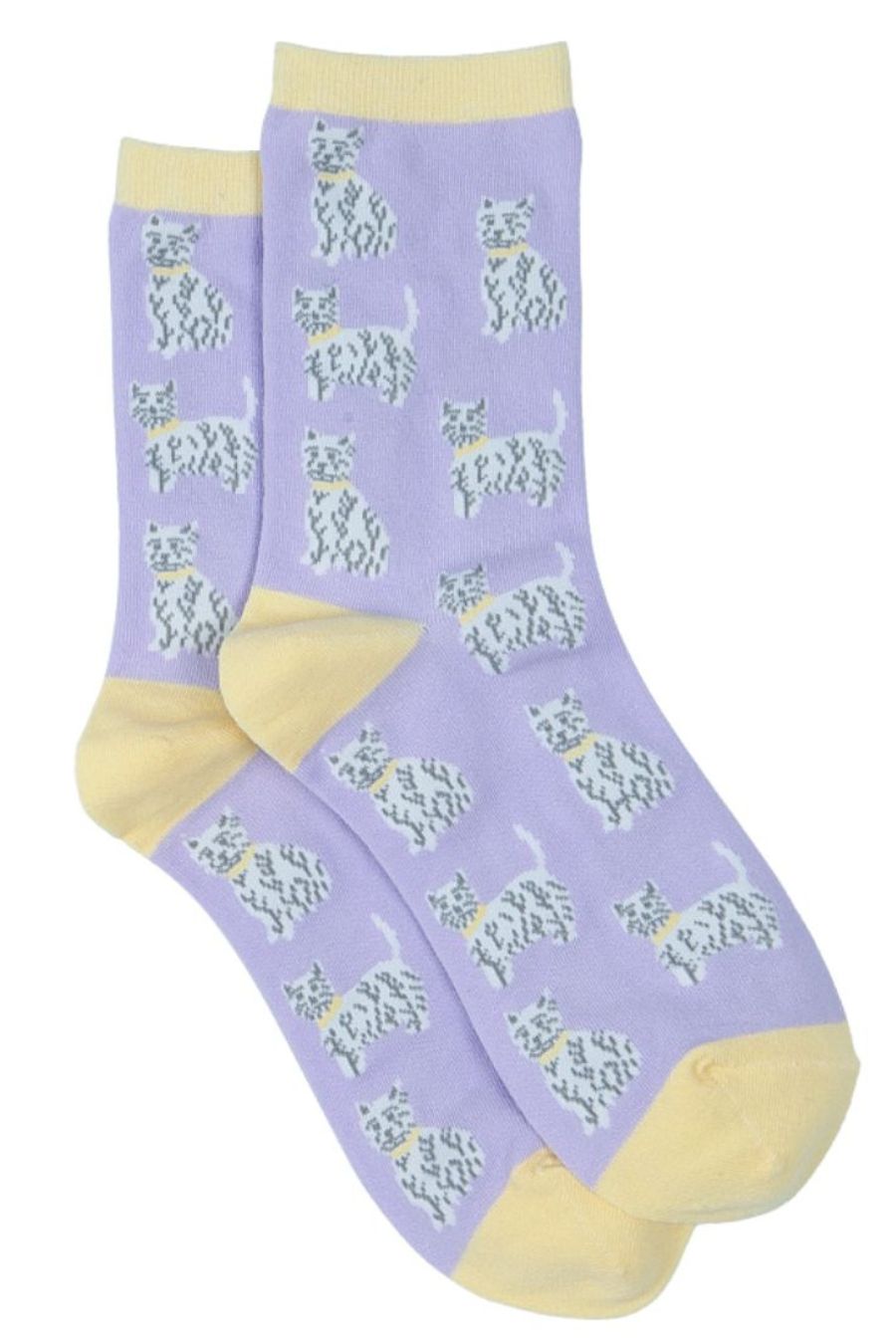 lilac and yellow ankle socks with all over white west highland terrier dogs