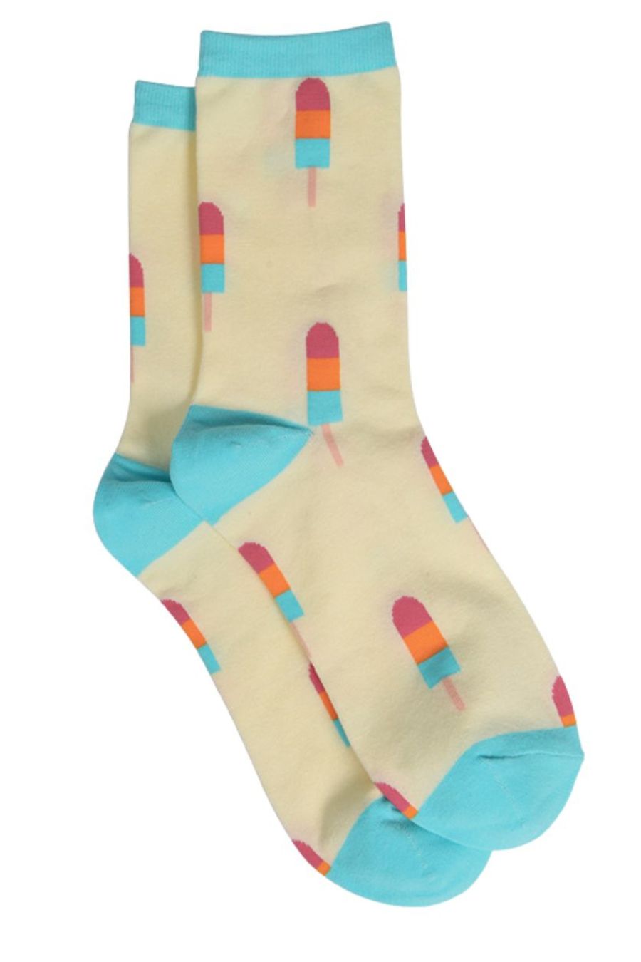 yellow and blue ankle socks with multicoloured popsicles on them