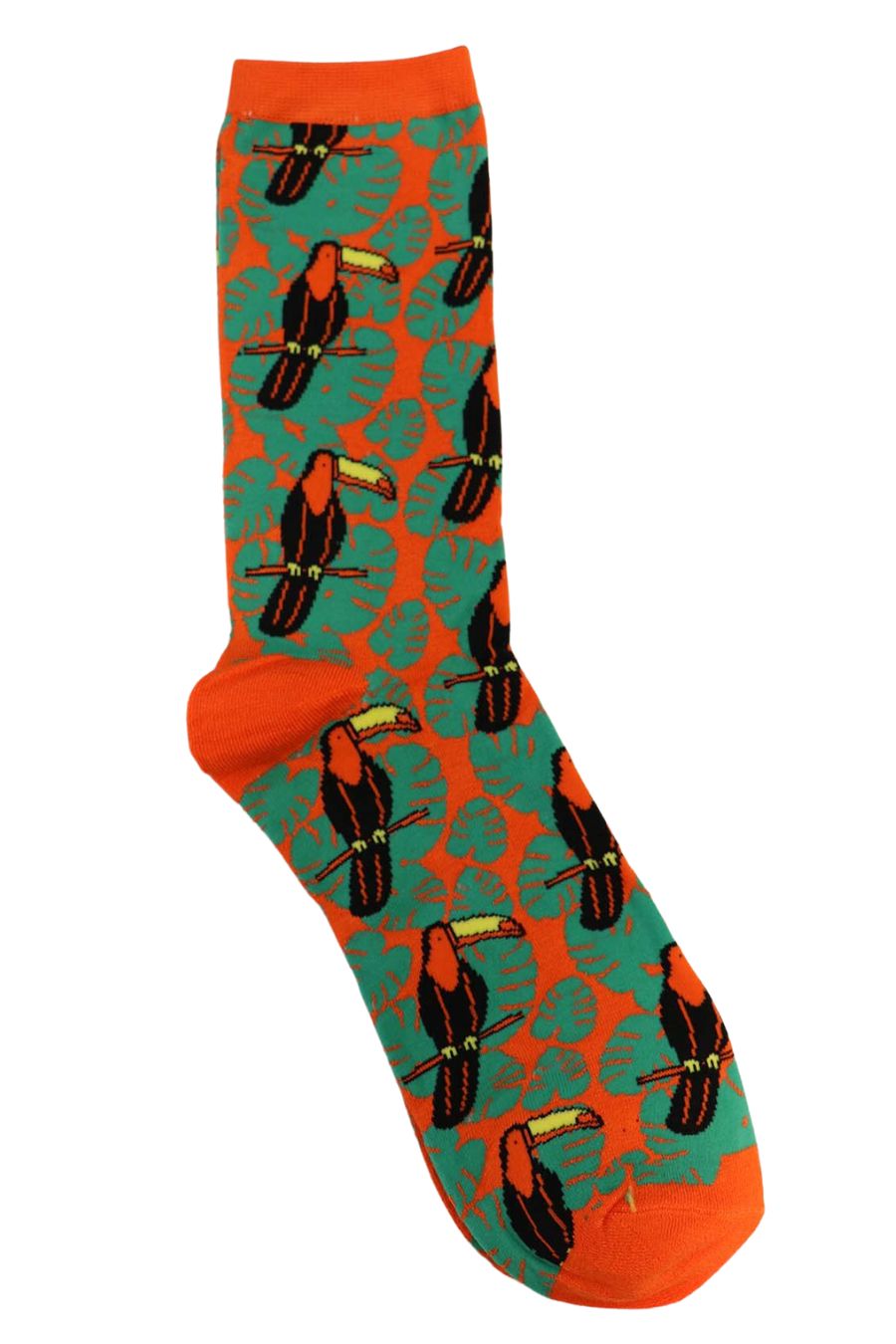 green, orange bamboo socks with black touchan birds