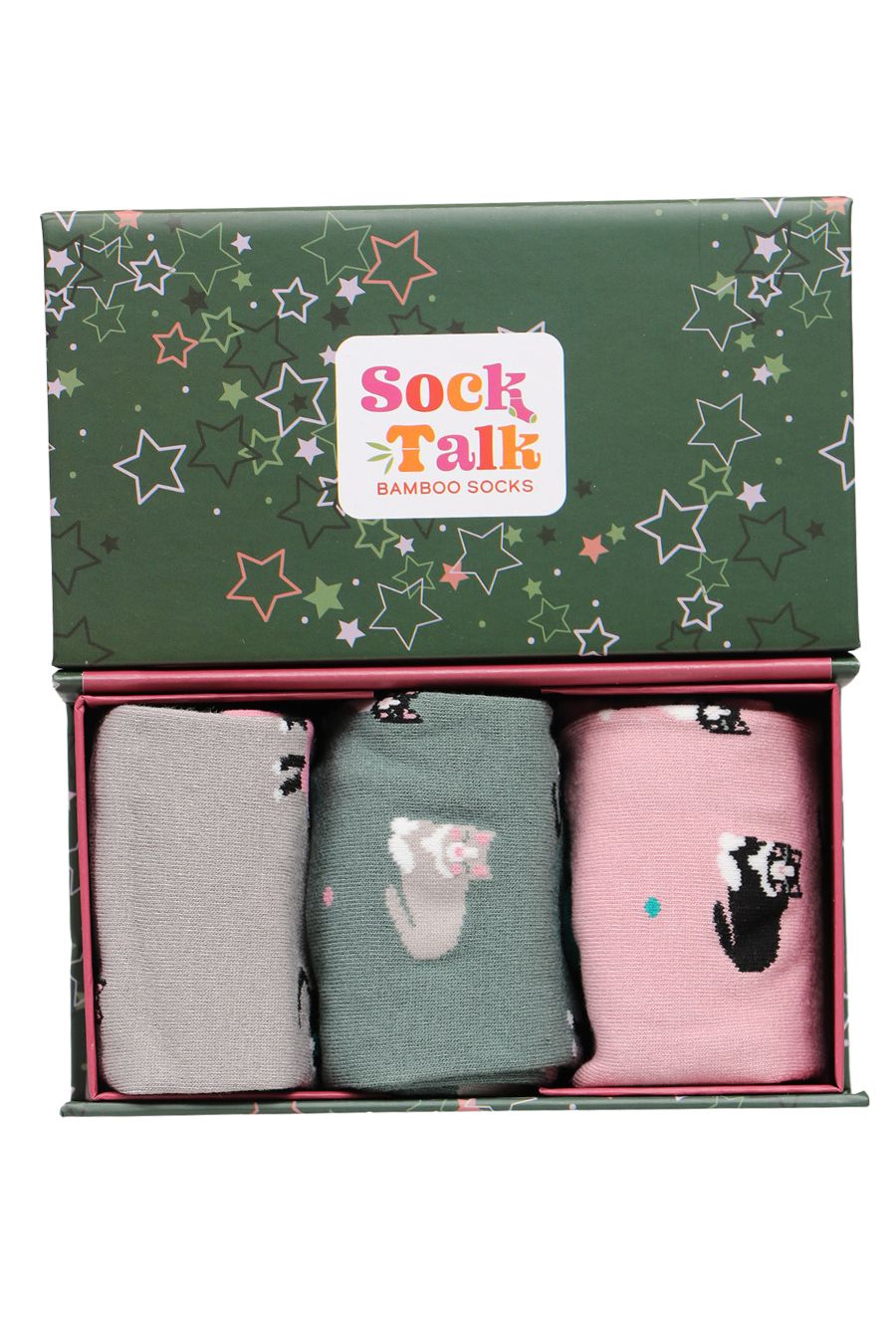 green star print sock gift box with three pairs of womens cat print bamboo socks