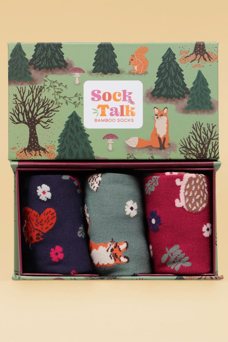 artistically designed socks gift box with woodland animals and three pairs of womens bamboo socks, foxes, squirrels, hedgehogs