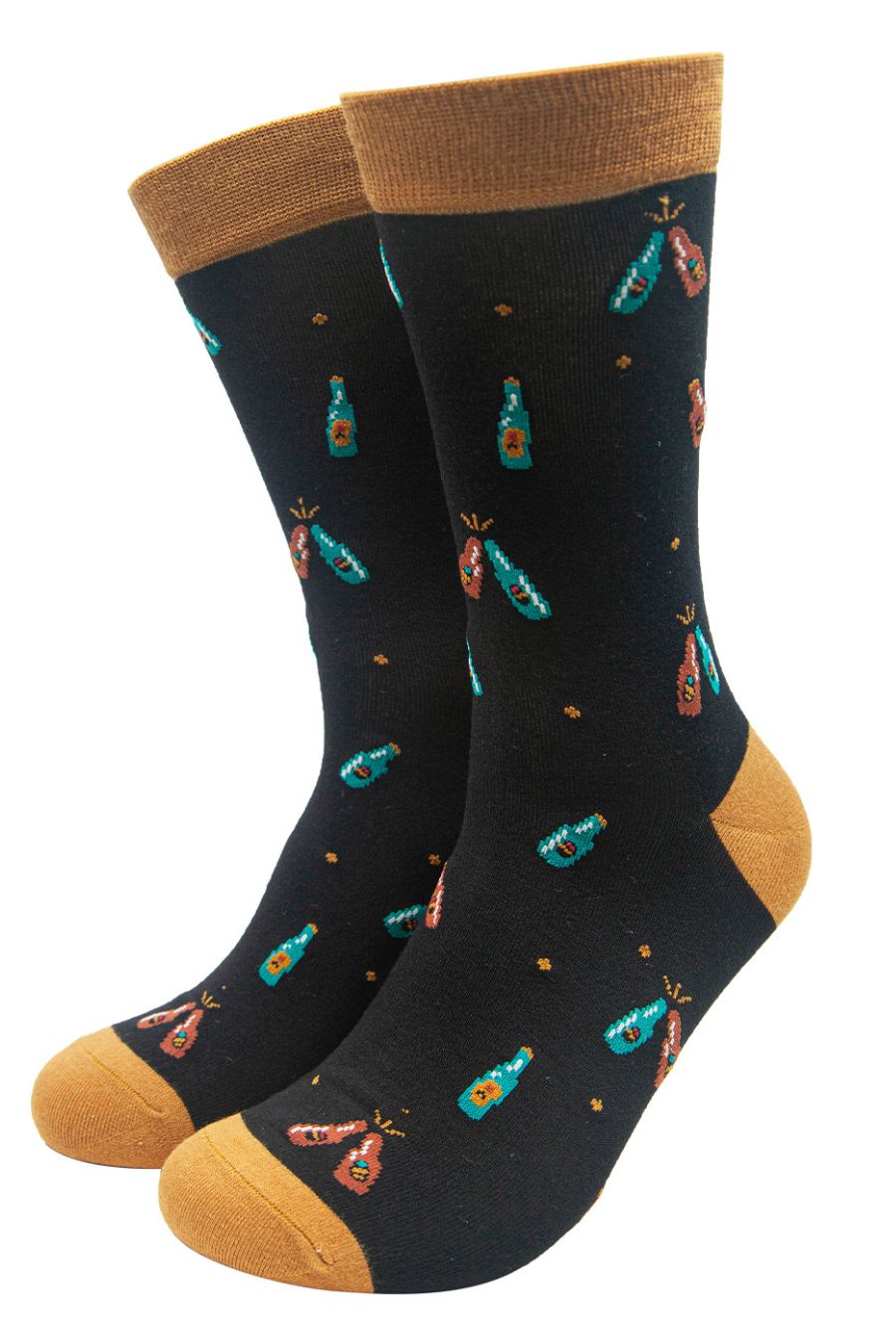 black bamboo socks with a pattern of beer bottles