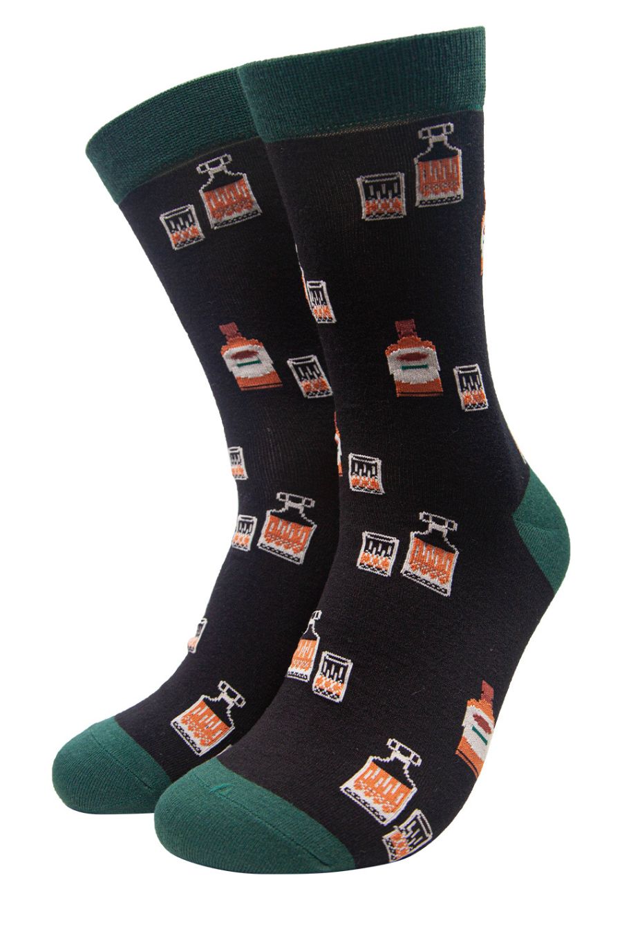 black dress socks with whisky glasses and decanters