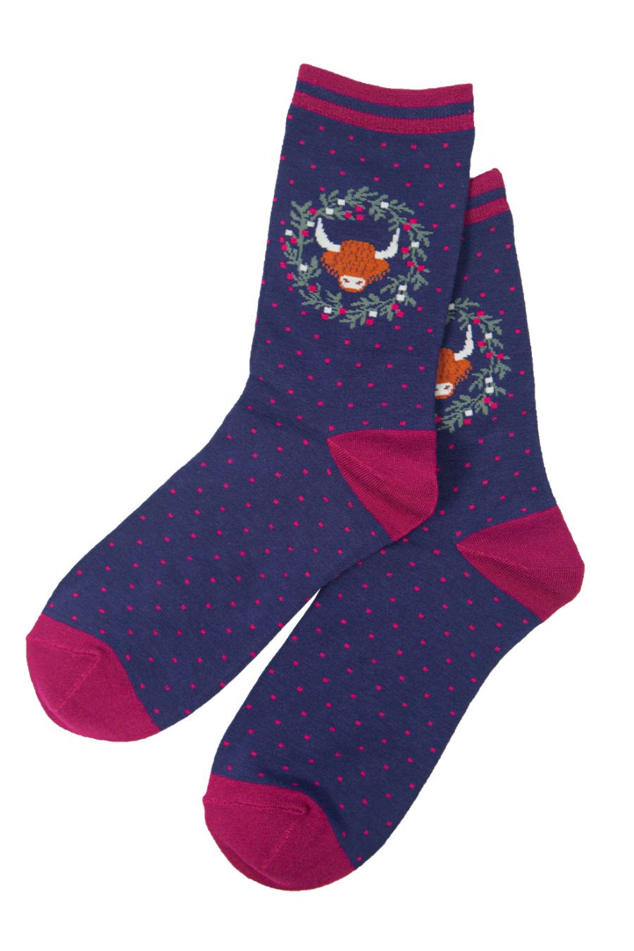 navy blue and pink ankle socsks with highland cow print