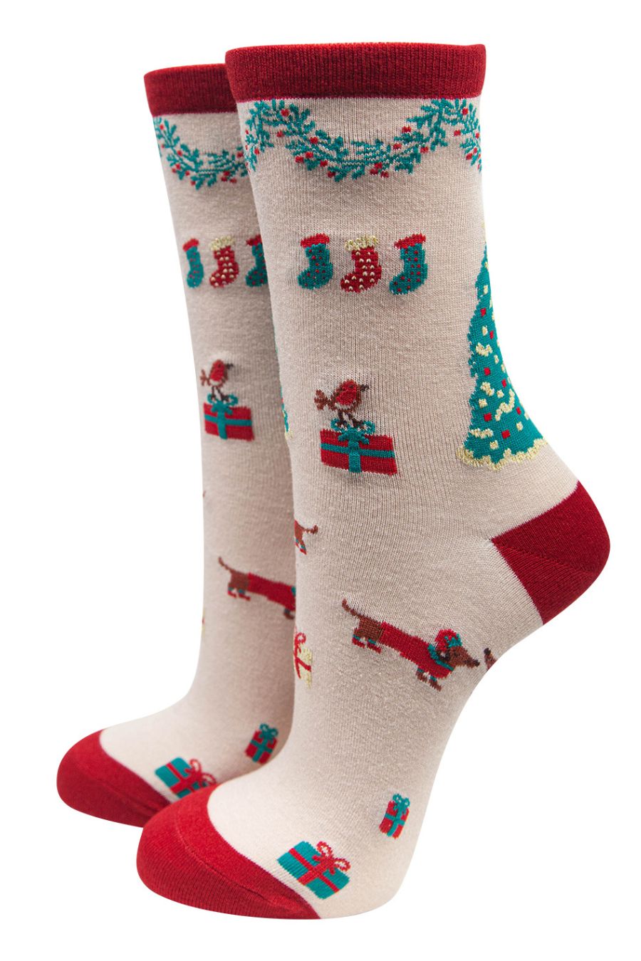 cream and red ankle socks with sausage dogs, robins, xmas trees and holly