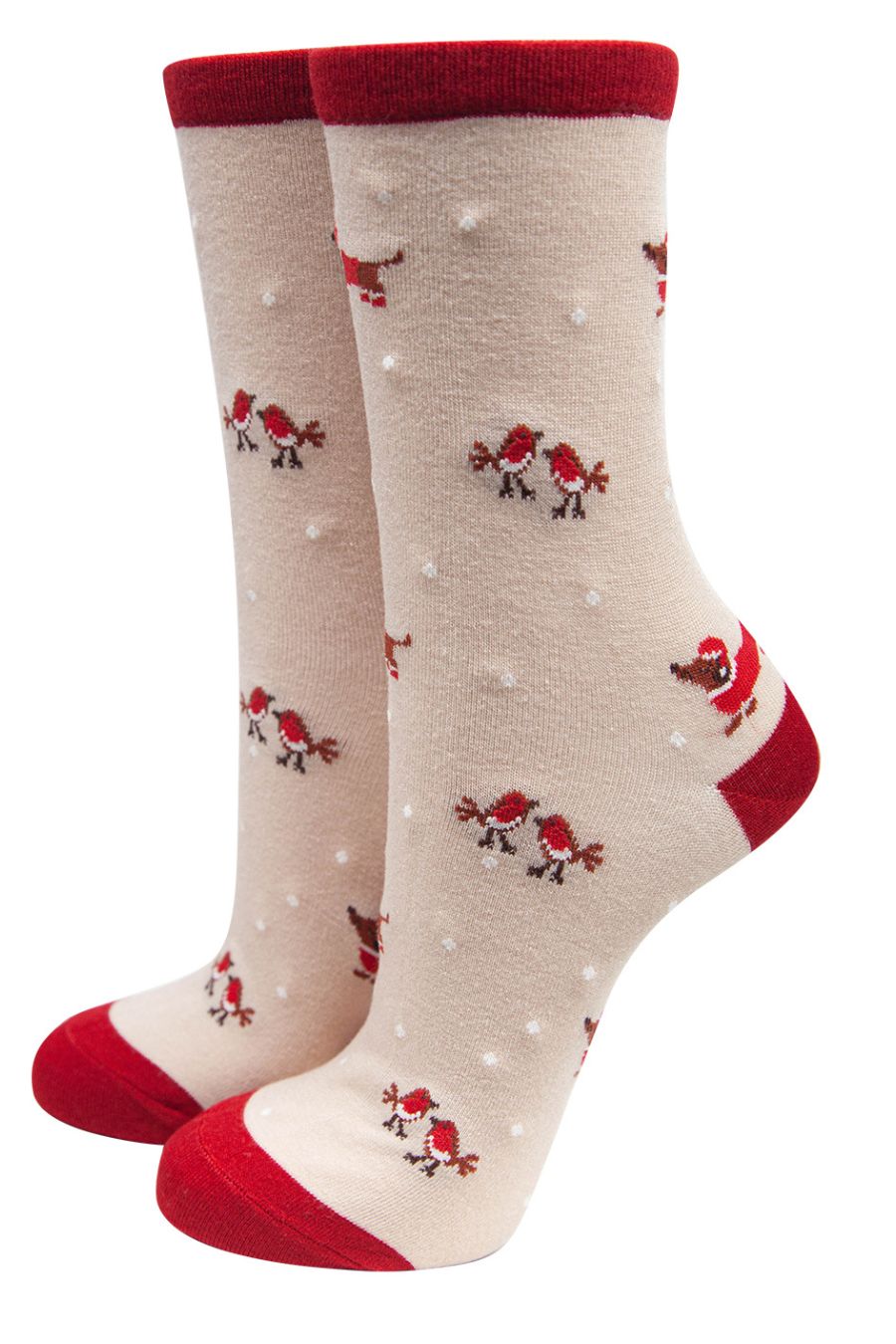 cream and red ankle socks with sausage dogs and robin birds