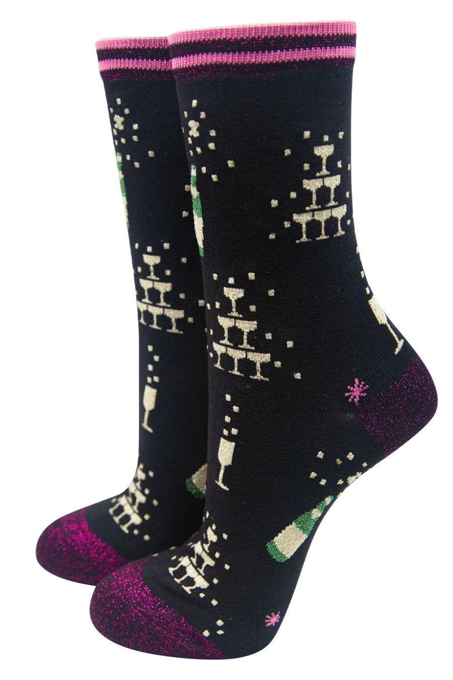 black and pink ankle socks with gold champagne glasses and bottles