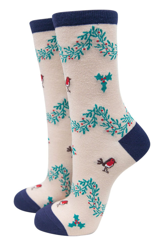 cream bamboo socks with robin birds and green xmas holly garlands