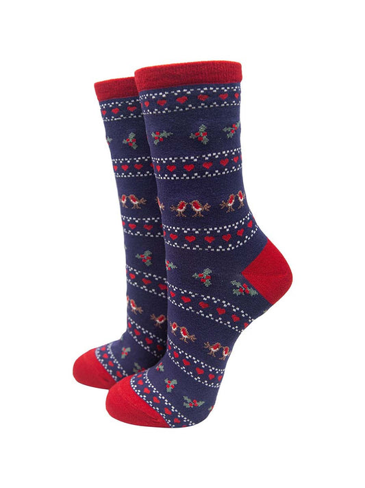 nevy blue and red bamboo socks featuring robin birds, love hearts in a fair isle style