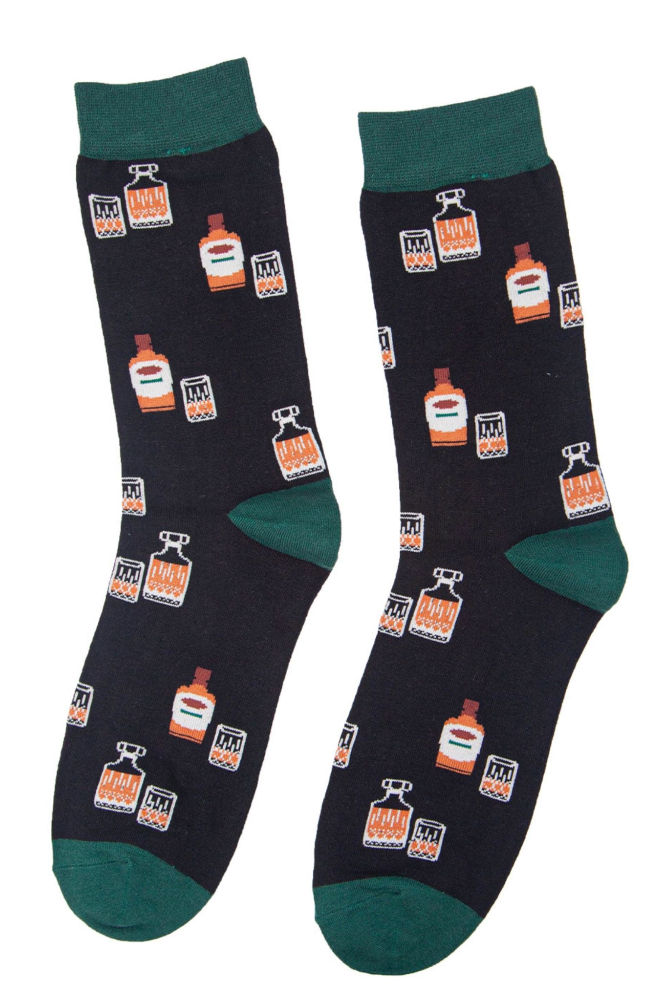 mens black and green socks with whisky bottles, decanters and glasses