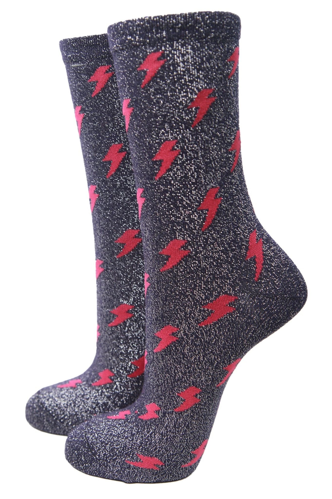 Women's Glitter Ankle Socks Lightning Print Thunder Bolt Silver Shimmer