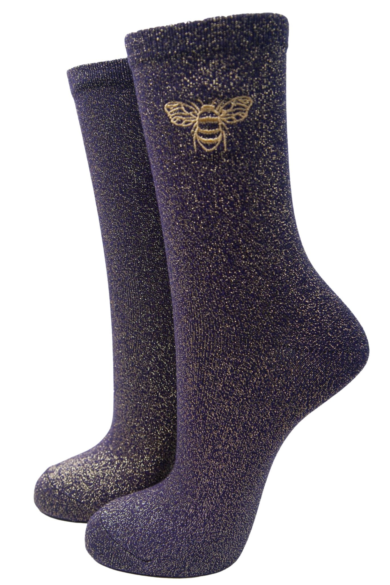 navy blue ankle socks with an all over light gold glitter shimmer with emboirdered bee