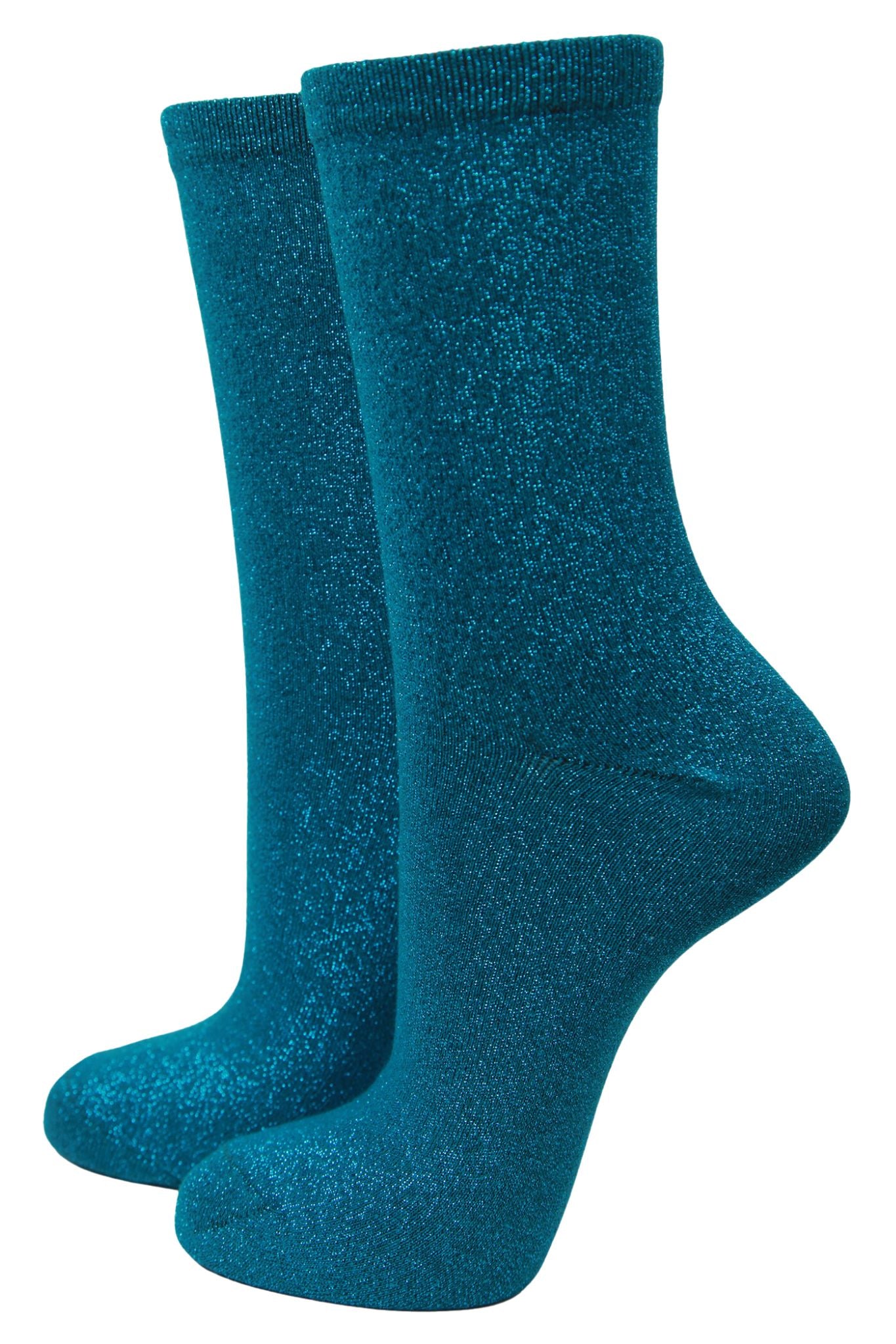 teal blue ankle socks with an all over teal blue glitter shimmer