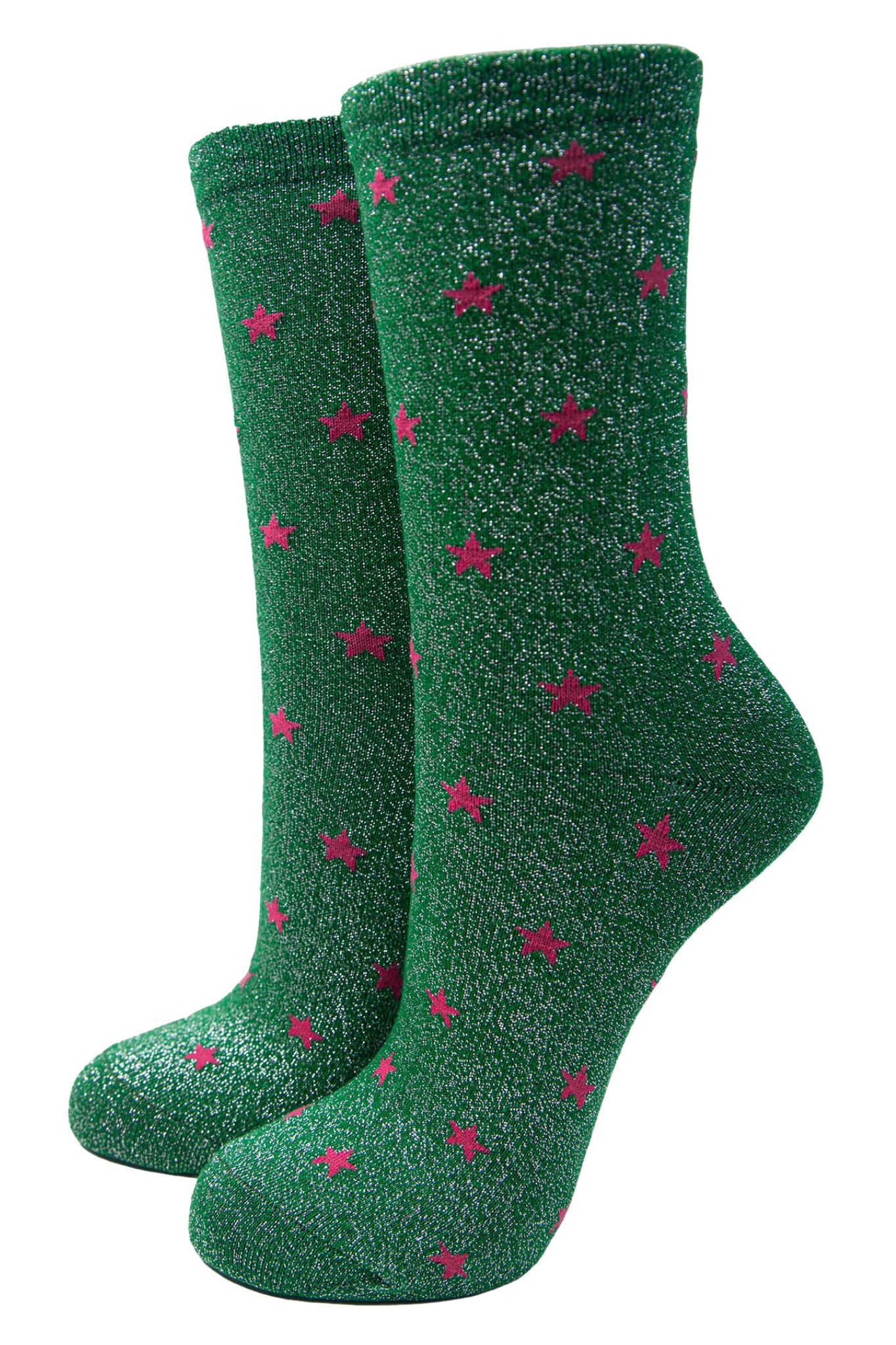 green glitter ankle socks with an all over fuchsia pink star pattern