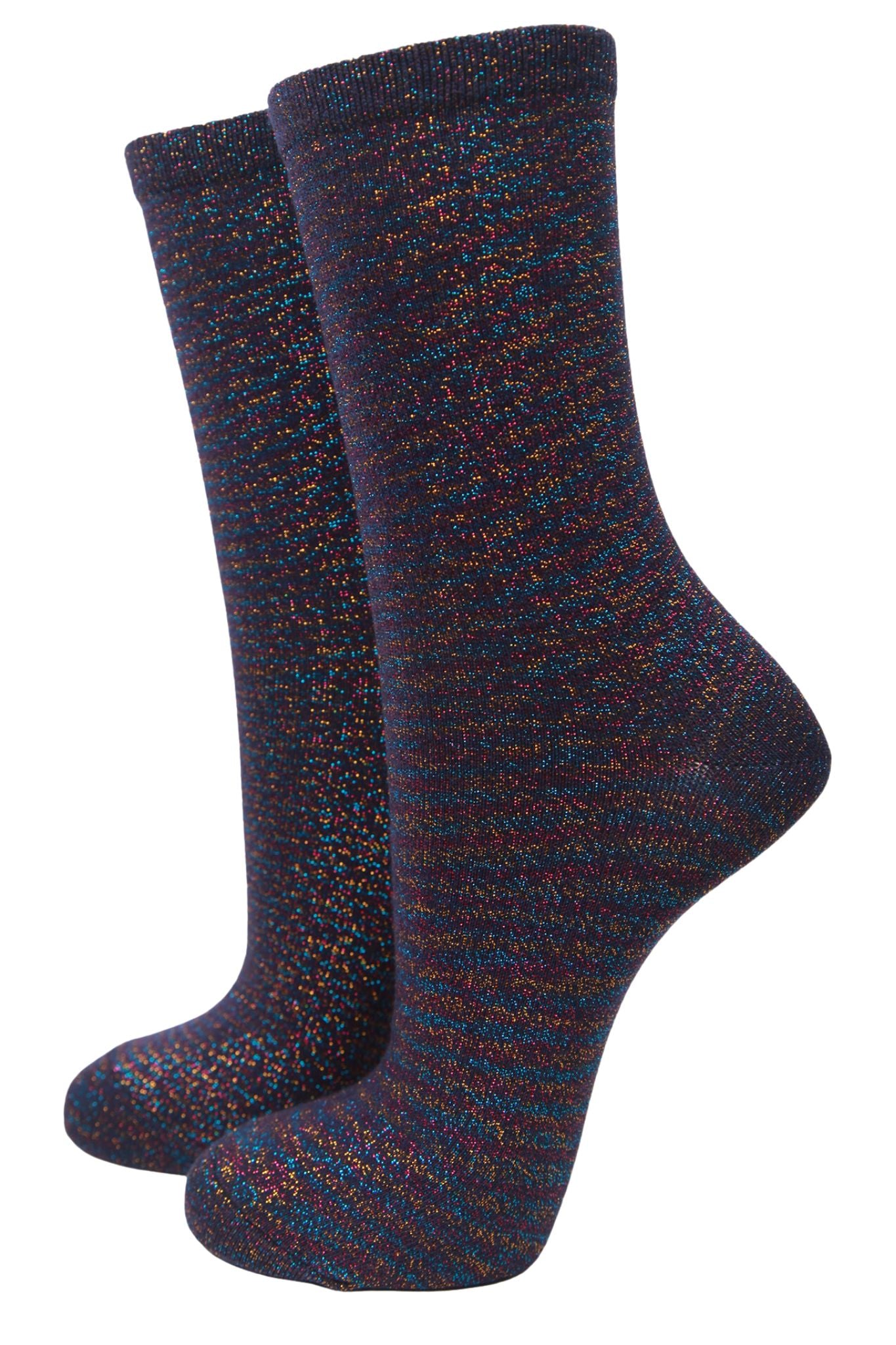 navy blue ankle socks with an all over multicoloured rainbow glitter effect