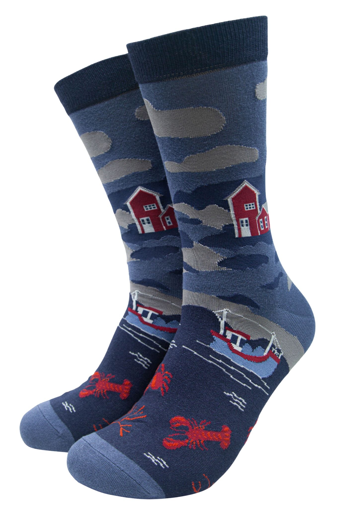 blue bamboo socks with a harbour scene featruing boats, and red lobsters