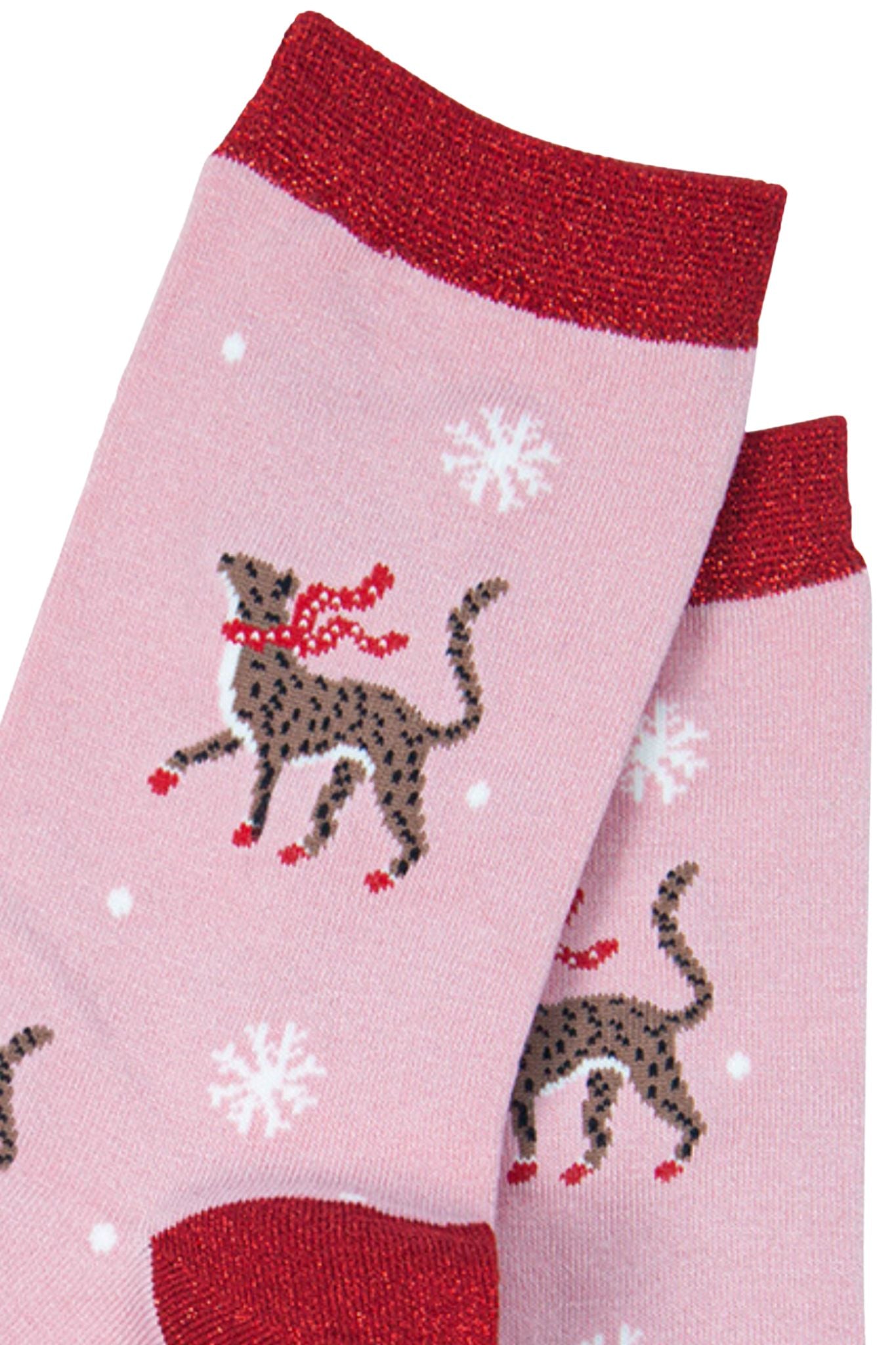Women's Bamboo Glitter Christmas Socks Cheetah Animal Print Pink