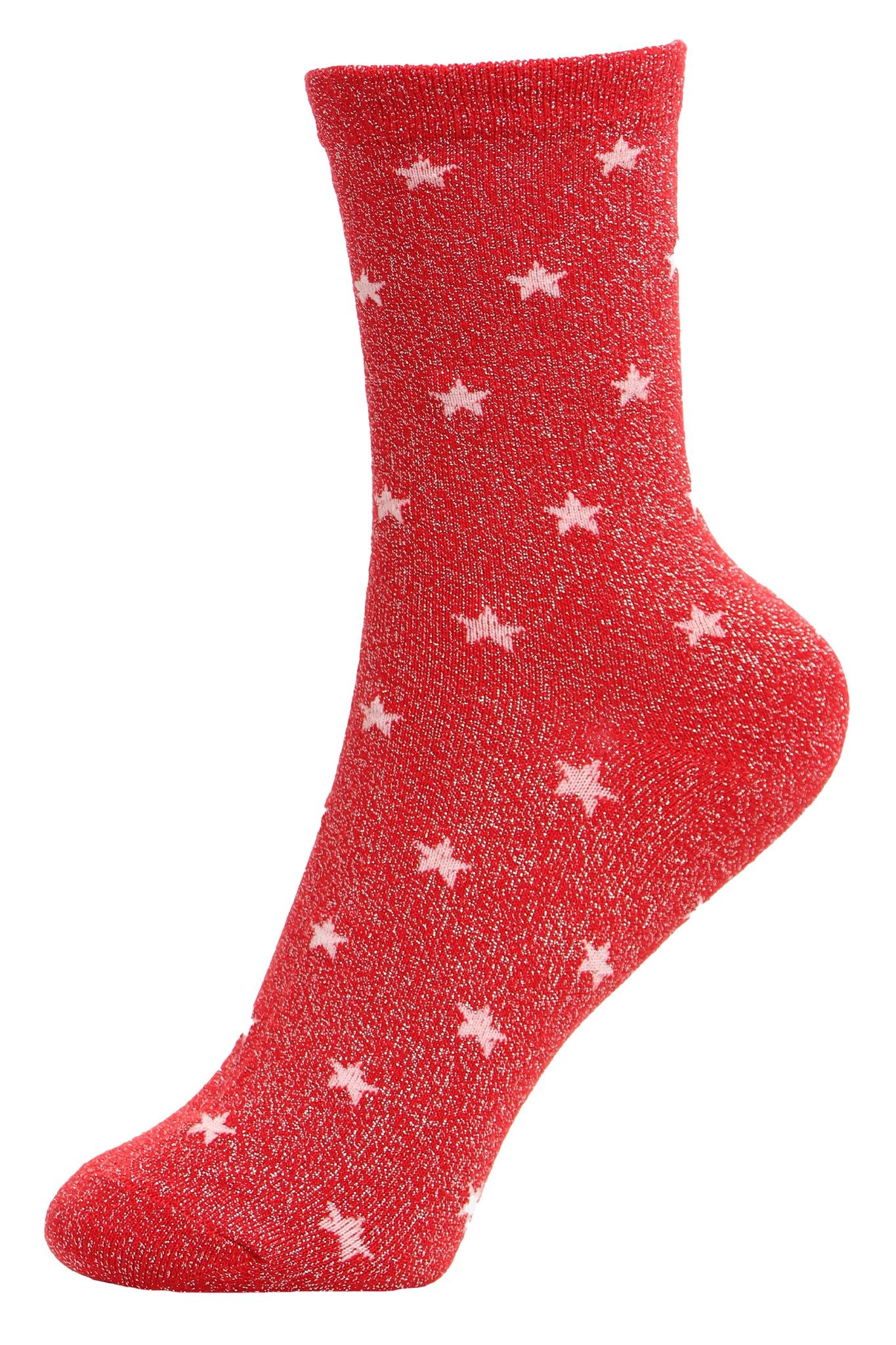 red glitter ankle socks with a pink star print pattern