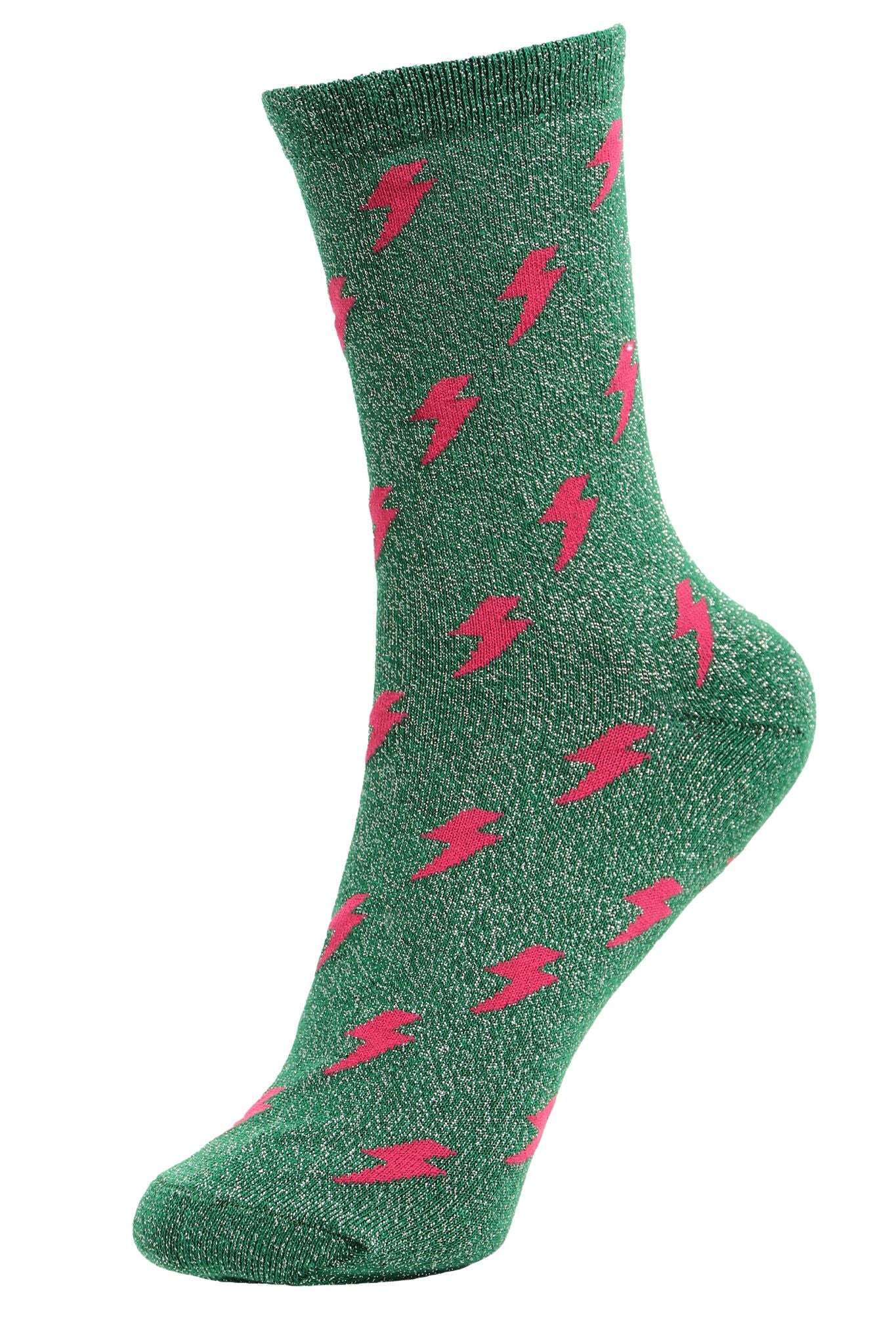 Women's Glitter Ankle Socks Lightning Print Thunder Bolt Green