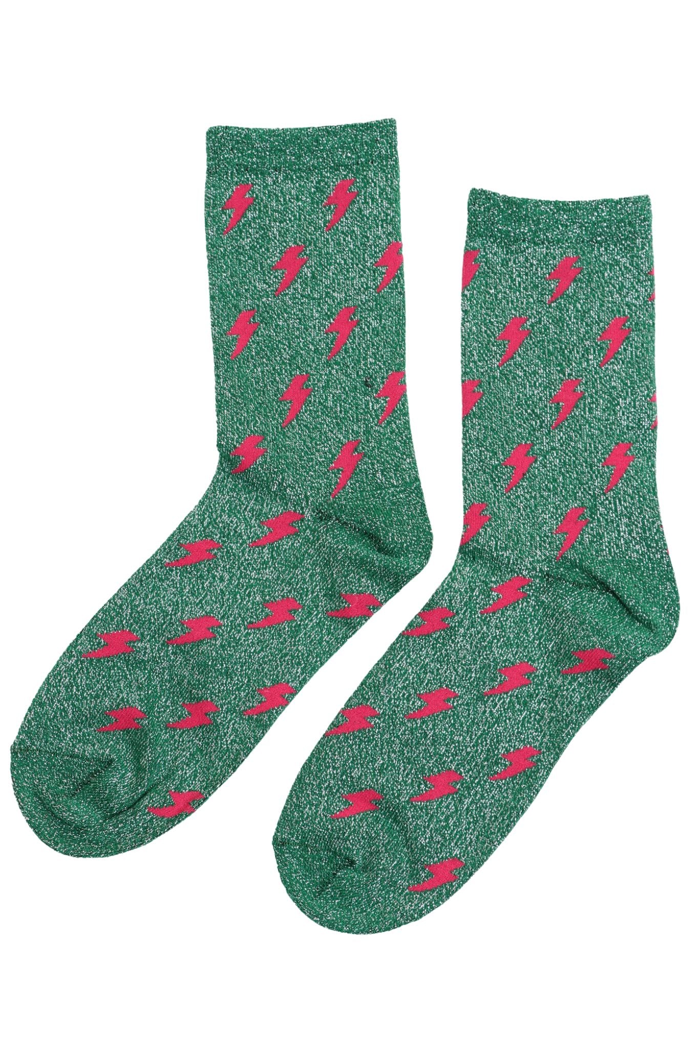Women's Glitter Ankle Socks Lightning Print Thunder Bolt Green
