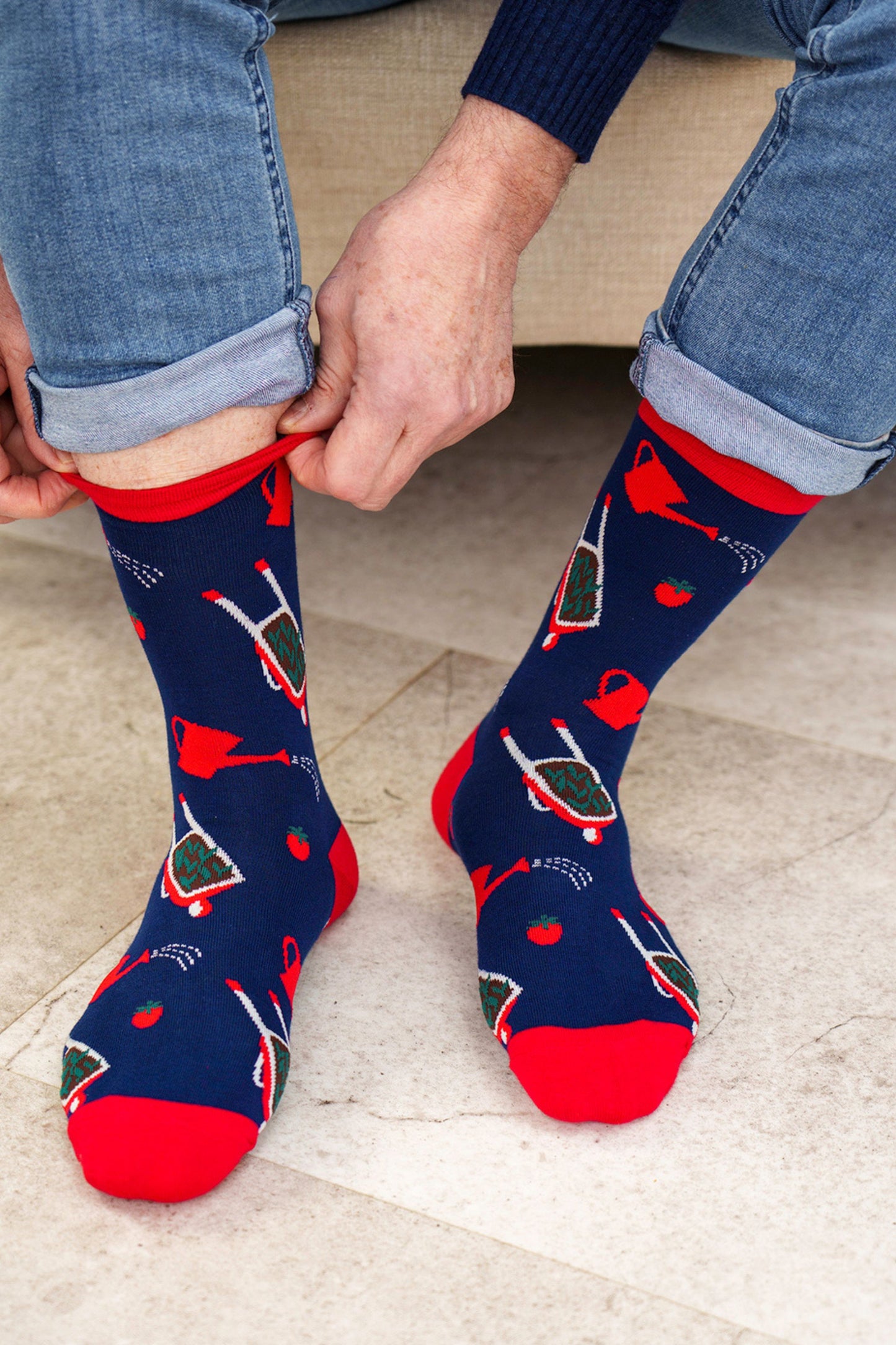 Mens Bamboo Socks Gardening Novelty Socks Wheelbarrows Blue