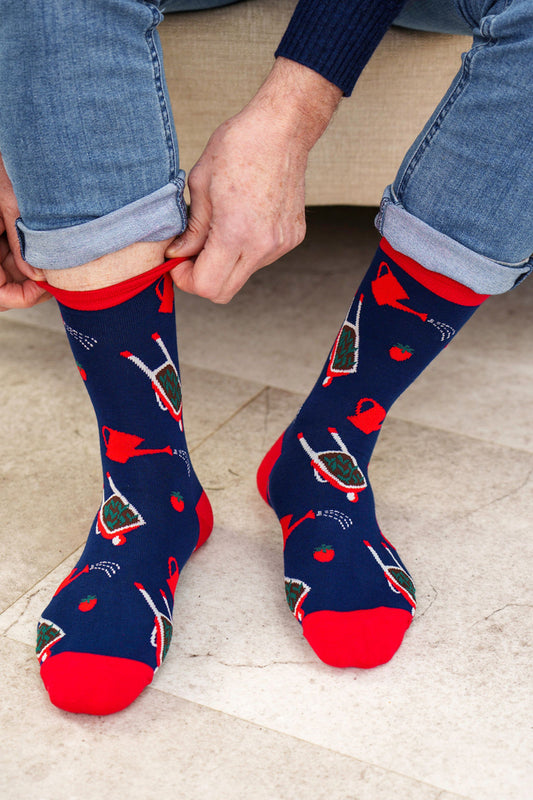 Mens Bamboo Socks Gardening Novelty Socks Wheelbarrows Blue