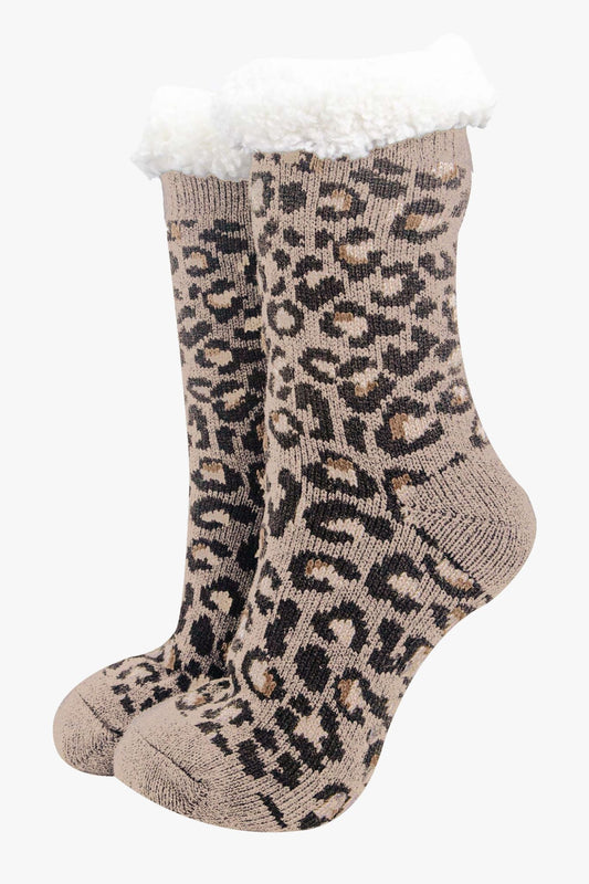 Women's Long Slipper Socks- Neutral, Leopard
