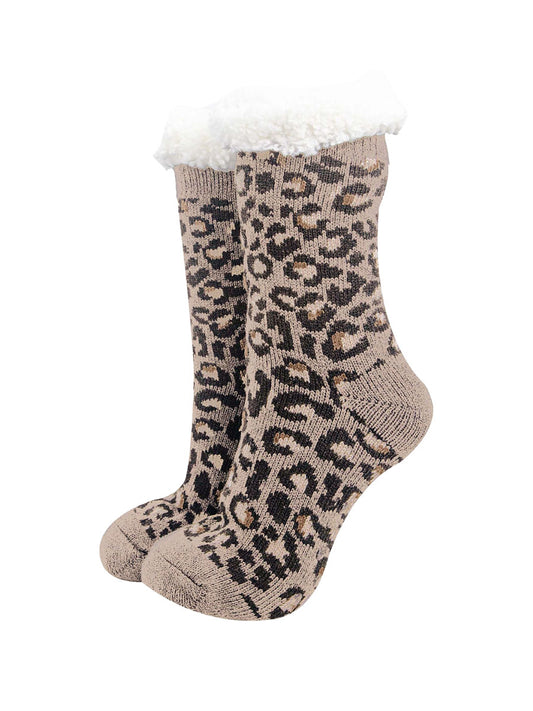 Women's Long Slipper Socks- Neutral, Leopard