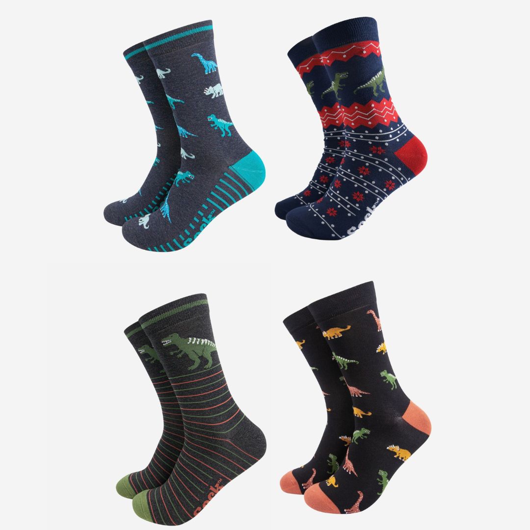 Men's Bamboo Crew Socks Festive Gift Set - Multi, Dinosaurs