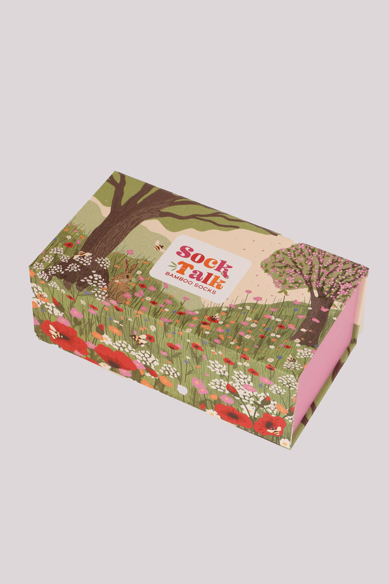 Sock Trio Gift Wrap - Green/Pink, Summer Meadow Scene