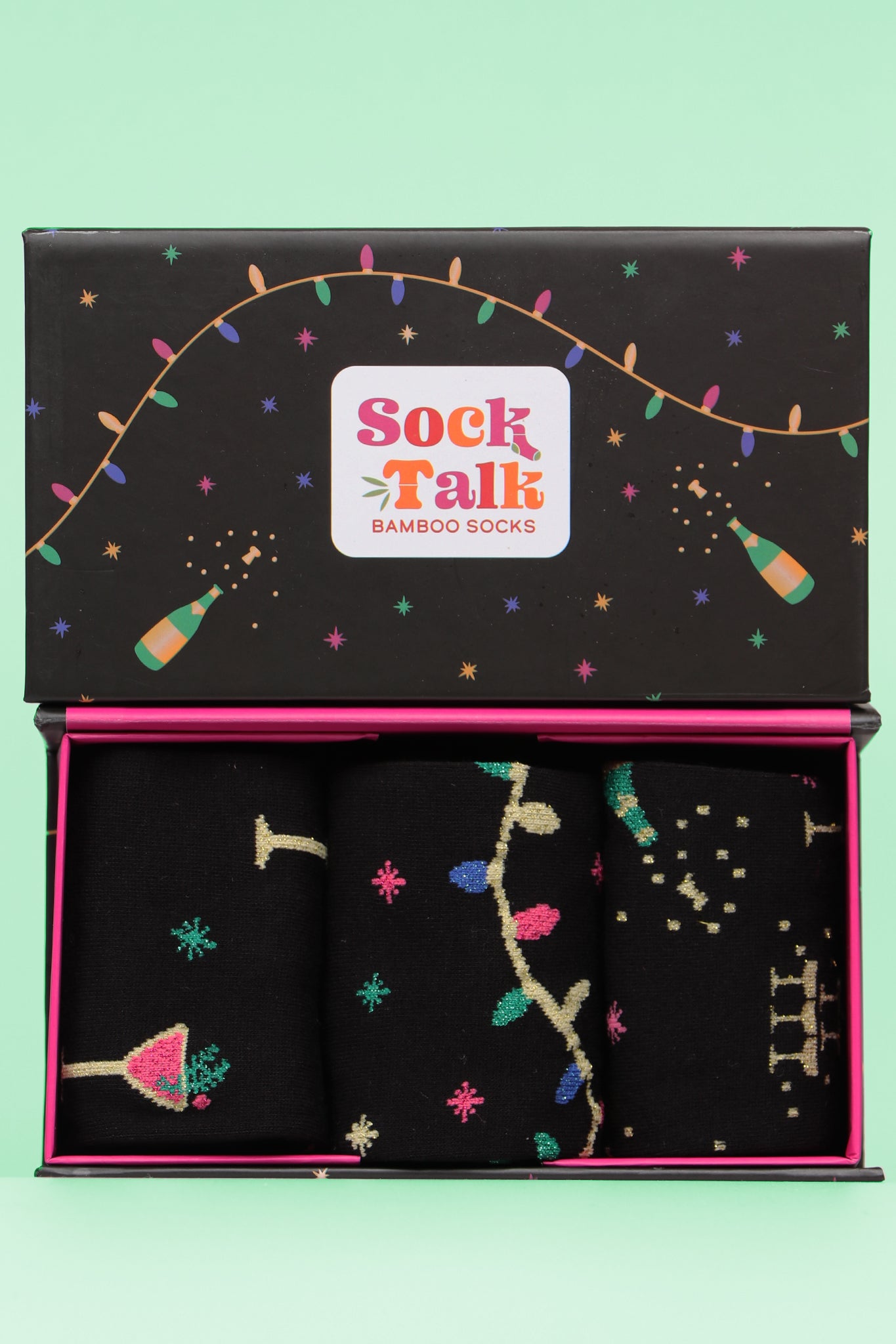 Women's Bamboo Christmas Socks Black Glitter Champange Cocktail Gift Set