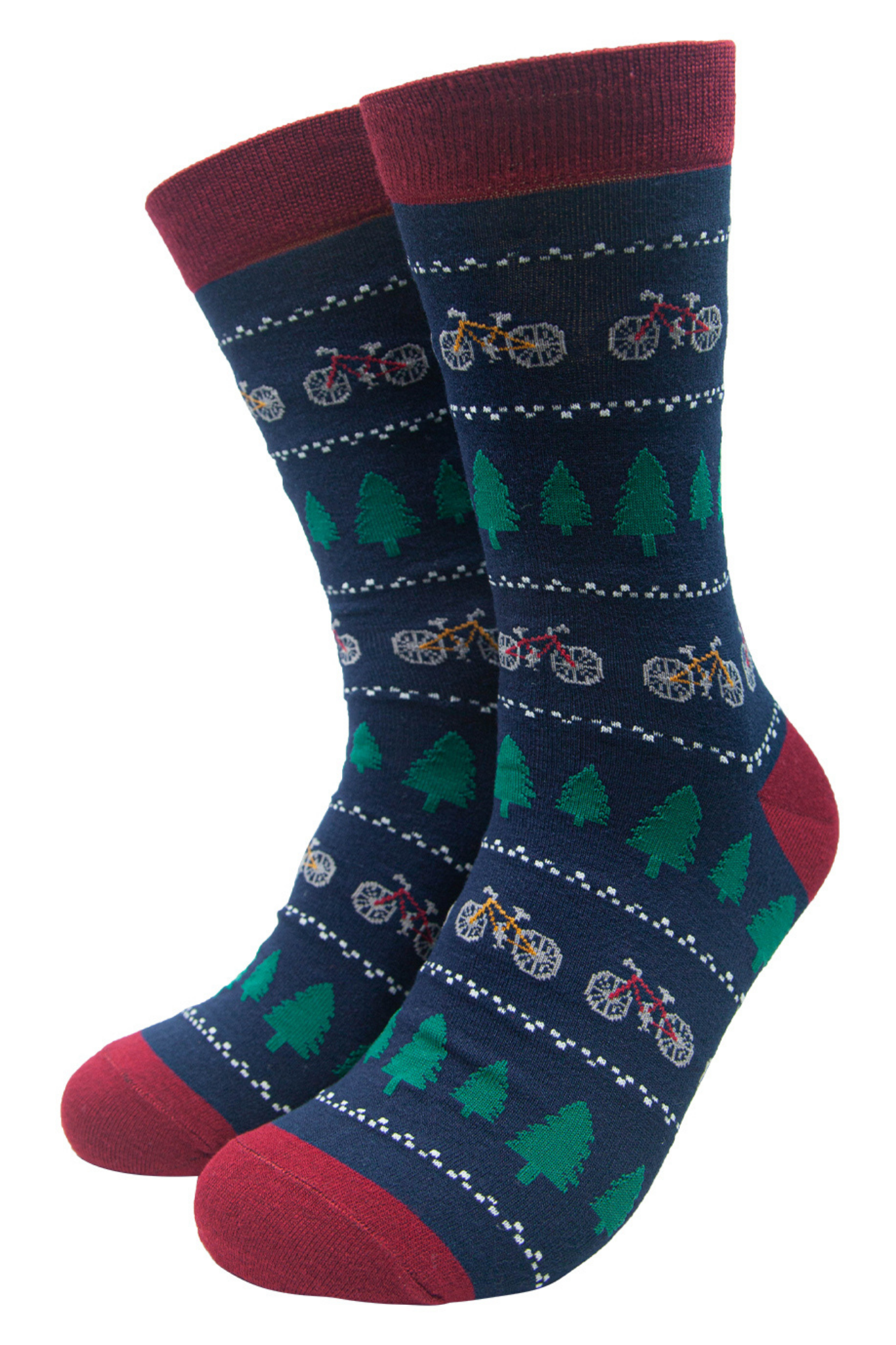 fair isle style bamboo socks featurin mountain bikes and trees