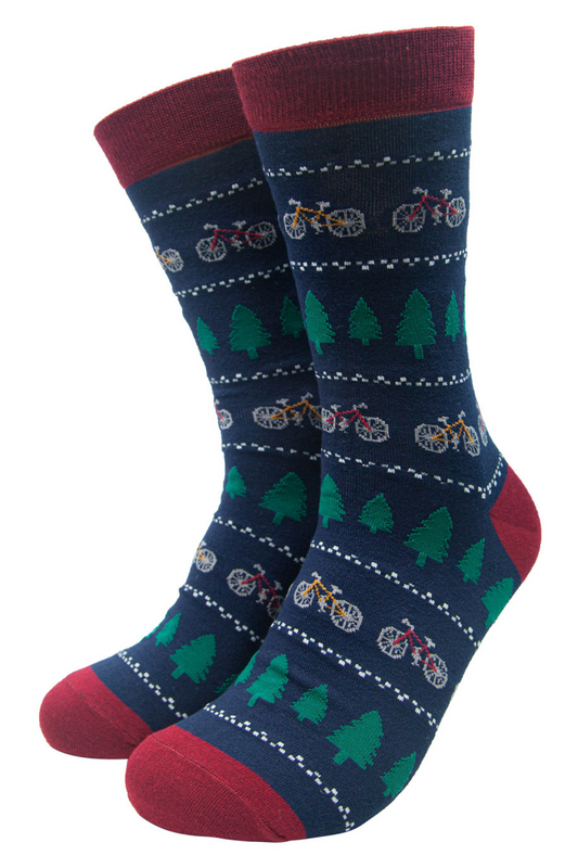 fair isle style bamboo socks featurin mountain bikes and trees