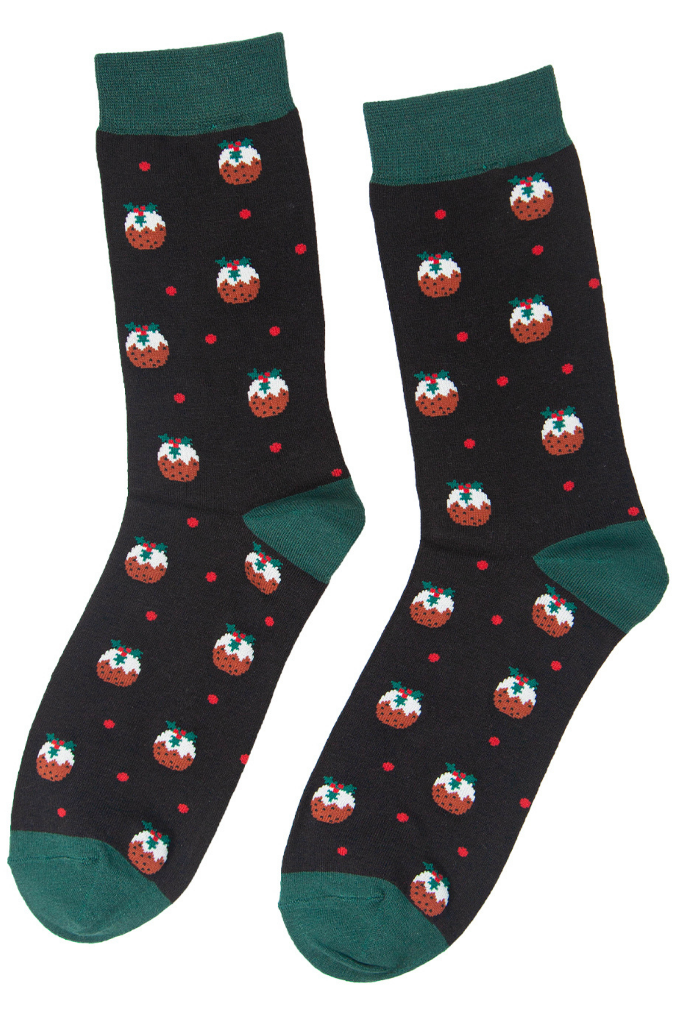 black christmas pudding dress socks with green toe, heel and trim