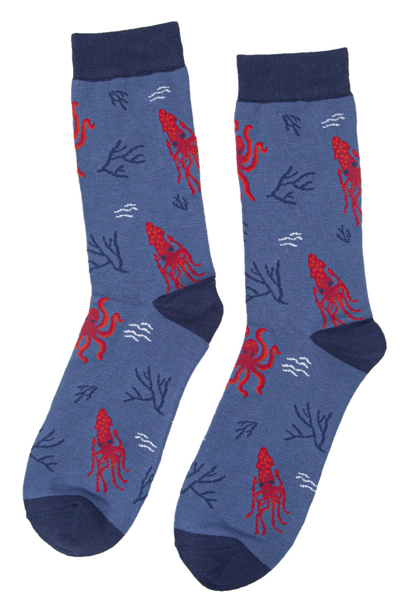 blue dress socks with a pattern of red octopus and seaweed