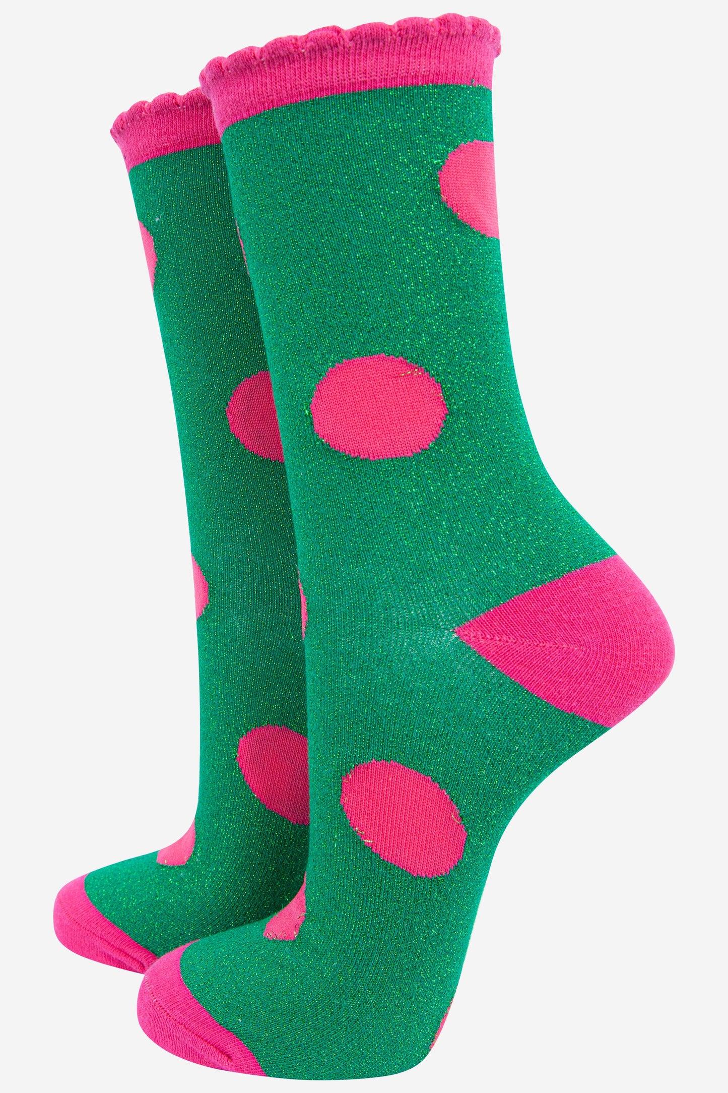 green and pink polka dot glitter socks with pink scalloped top and an all over glitter sparkle