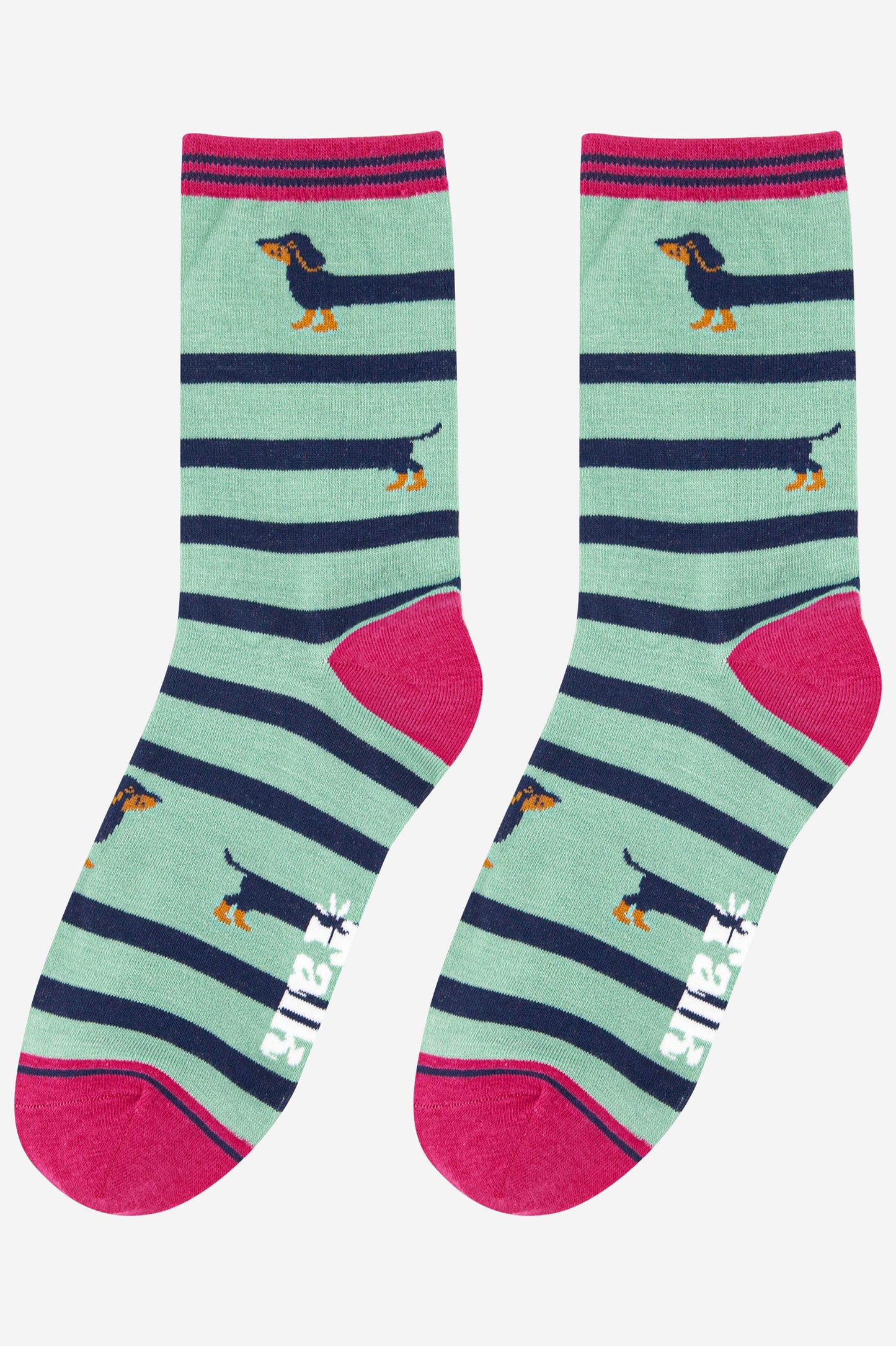 light green and pink bamboo socks with novelty winding dachshunds