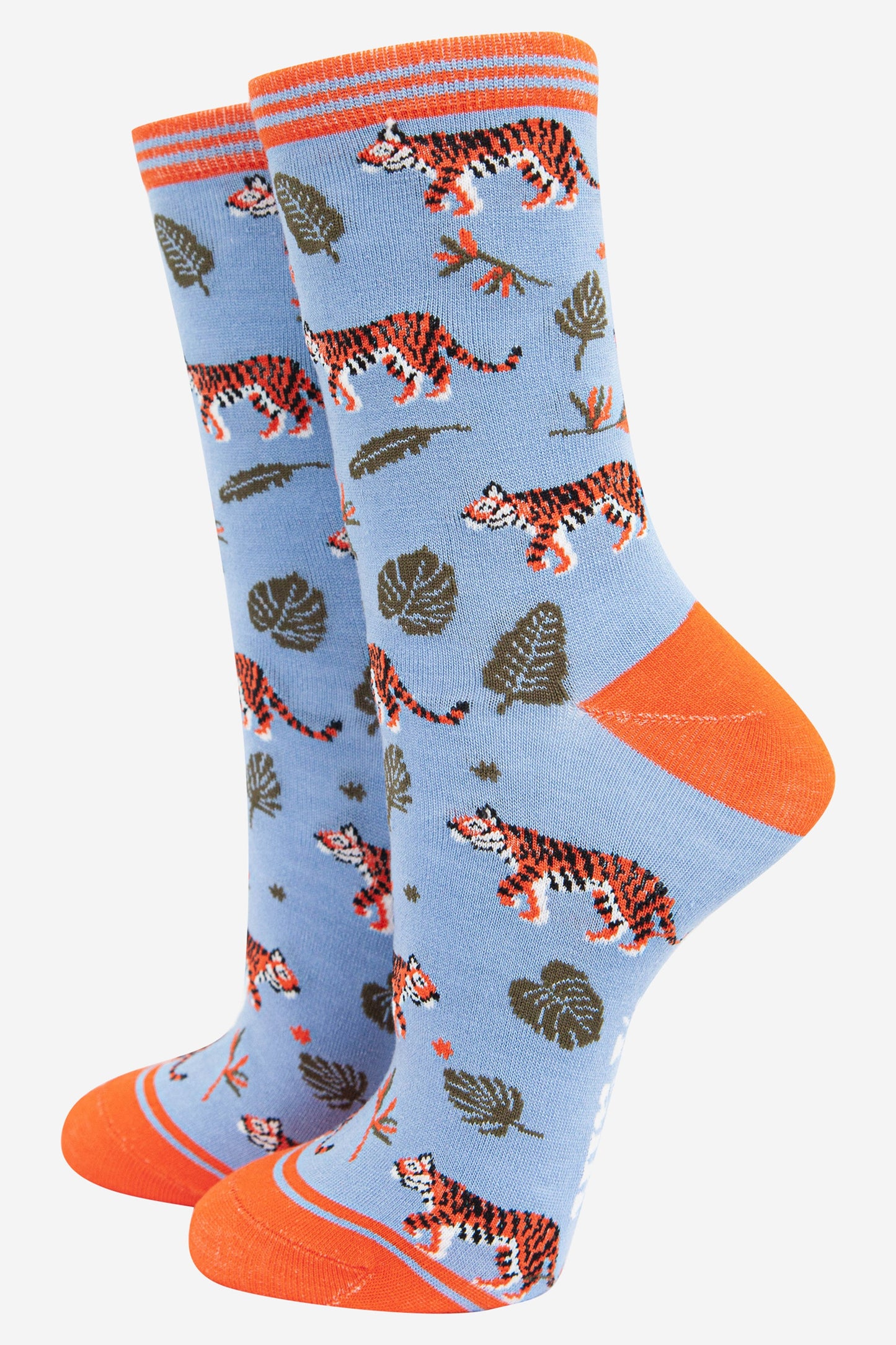 light blue and orange bamboo ankle socks featuring a tiger and leaf print pattern.