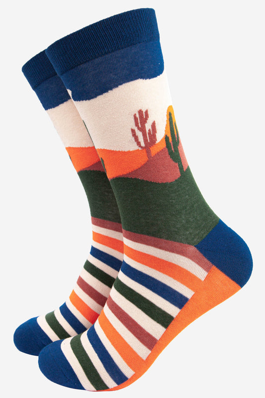 multicoloured bamboo socks featuring a desert sunset design including desert cactus, sunset and an eagle.
