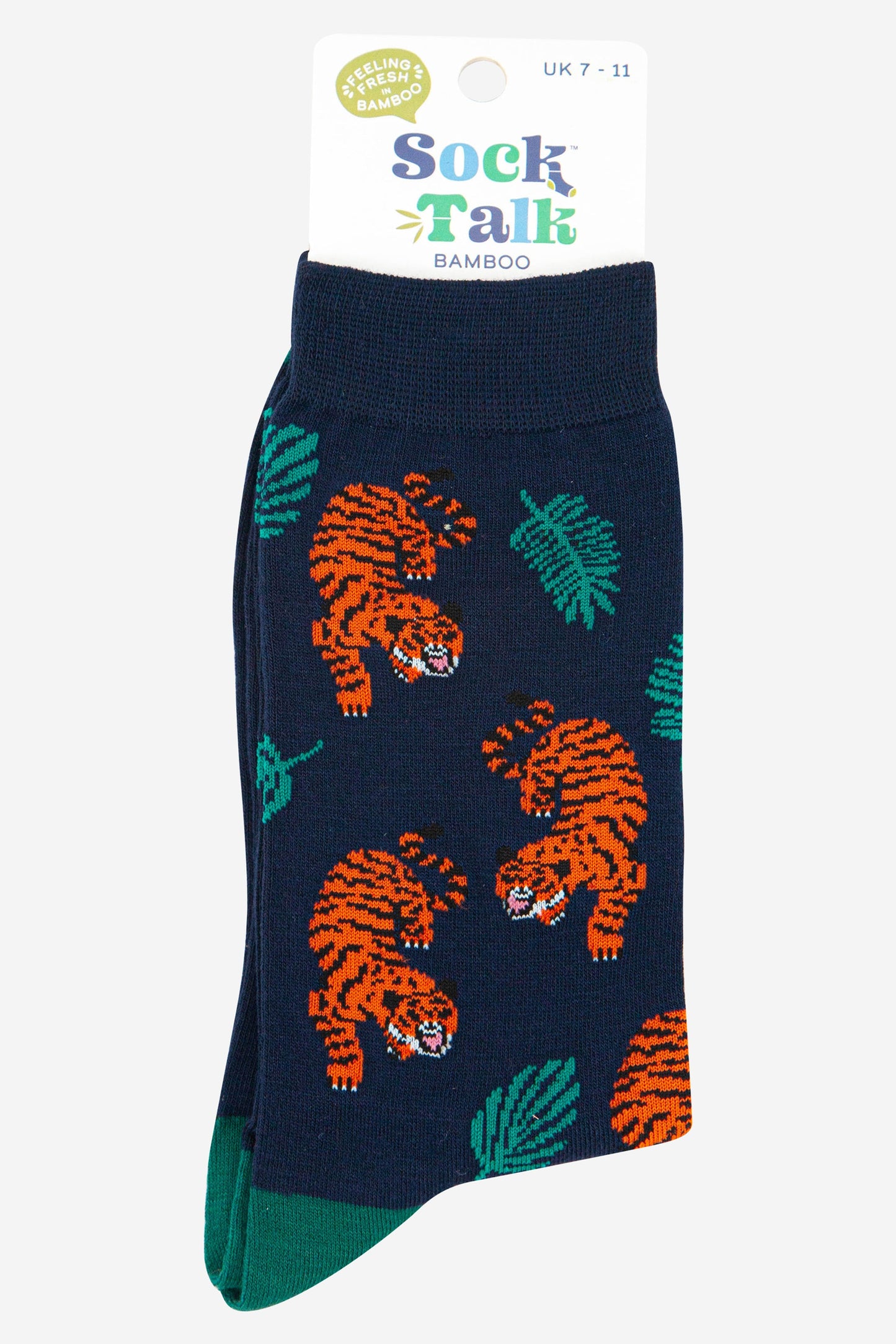 mens bamboo tiger print dress socks in navy blue and orange uk size 7-11