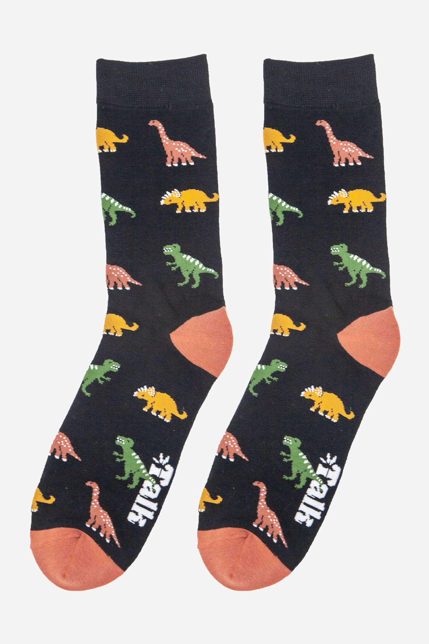 mens dinosaur pattern bamboo socks showing the various dinosaurs, trex, triceratops and diplodocus