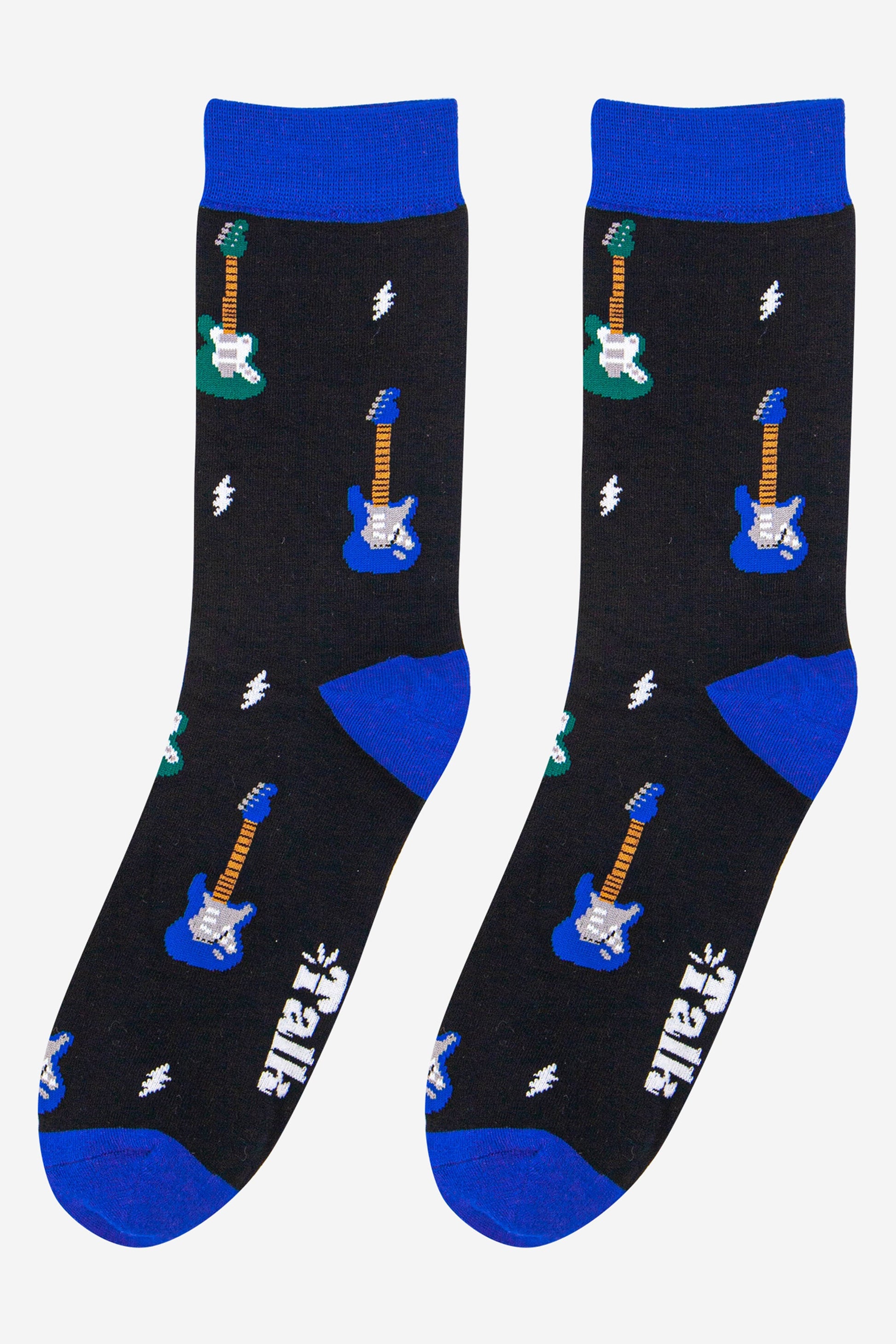 mens black and blue guitar print music socks