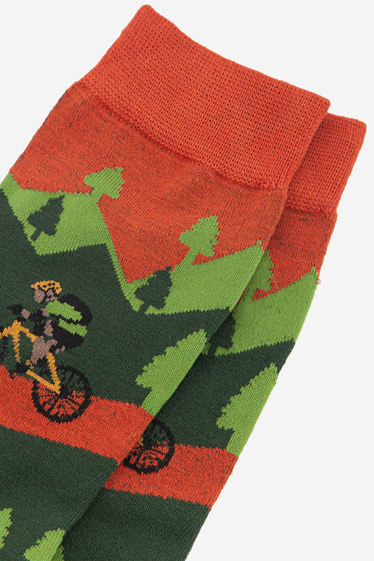 close up of the mountain bike and tree pattern on the bamboo socks