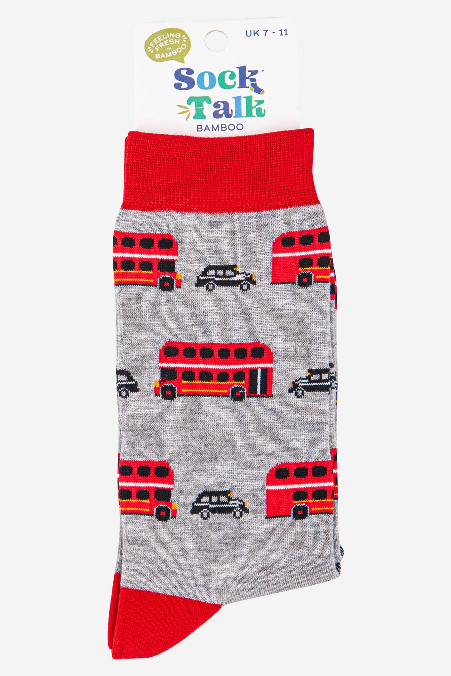 grey and red bamboo socks with red buses and black cabs in uk size 7-11