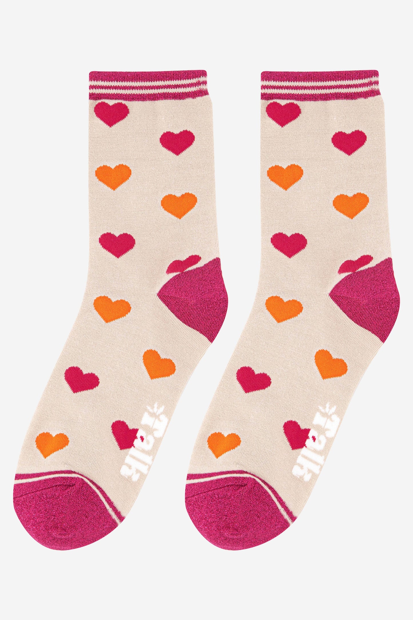 women's love heart print bamboo ankle socks with a glitter heel, toe and cuff.