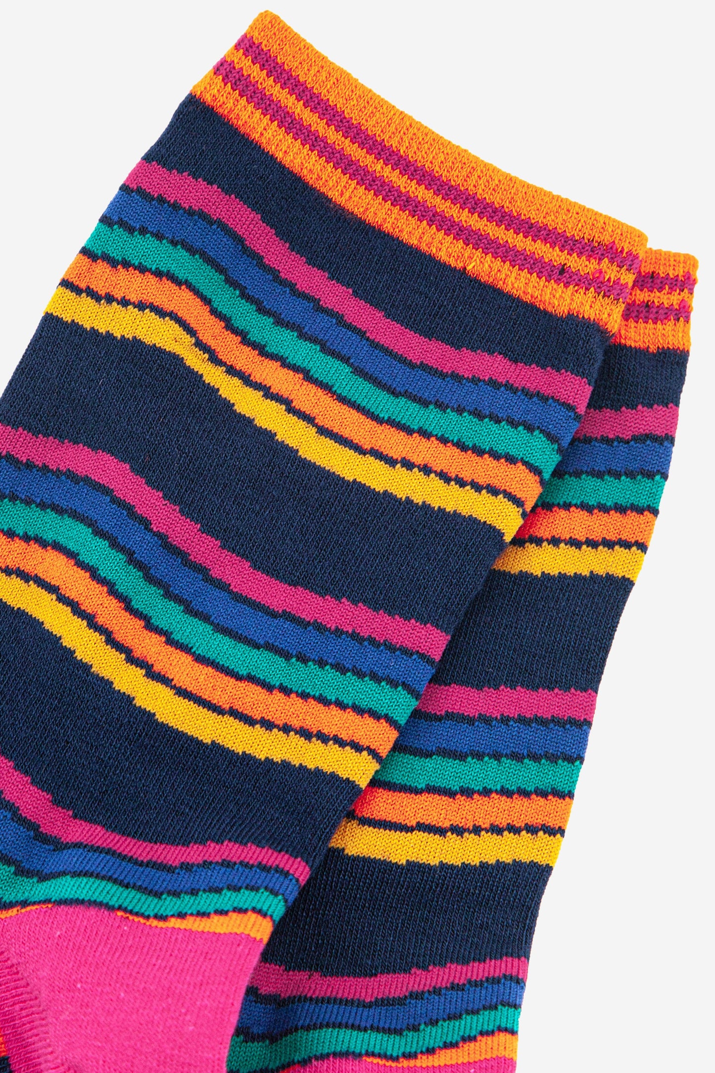 close up of the rainbow band stripe pattern, the rainbow stripes are pink, blue, turquoise, orange and yellow