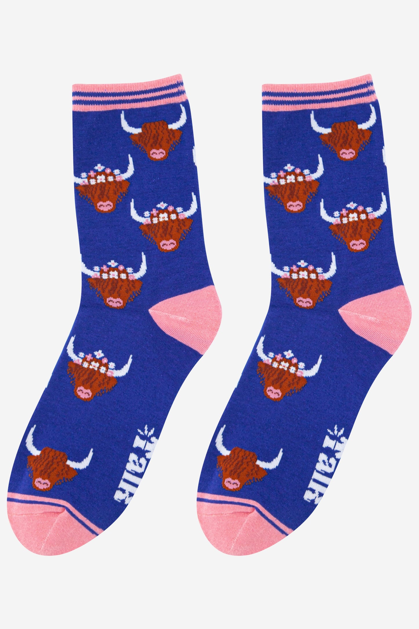 blue and pink ladies highland cow socks