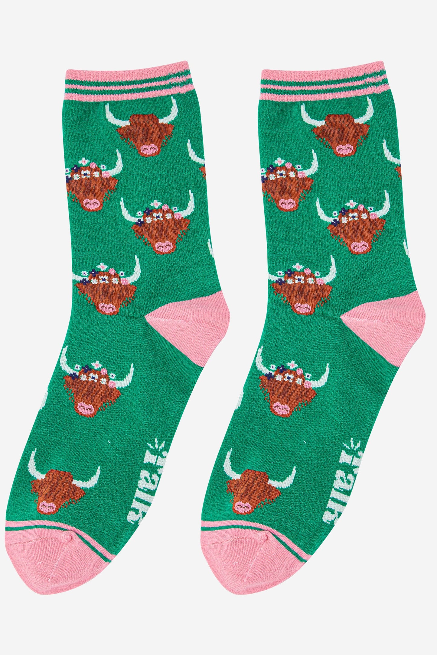 womens highland cattle socks in green and pink