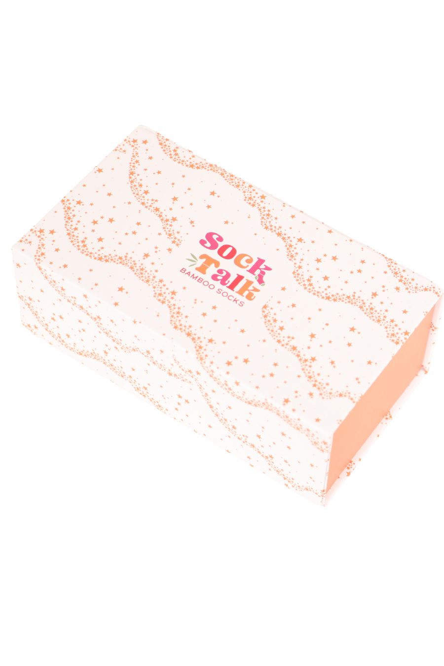 A closed gift box with an all over star wave print.