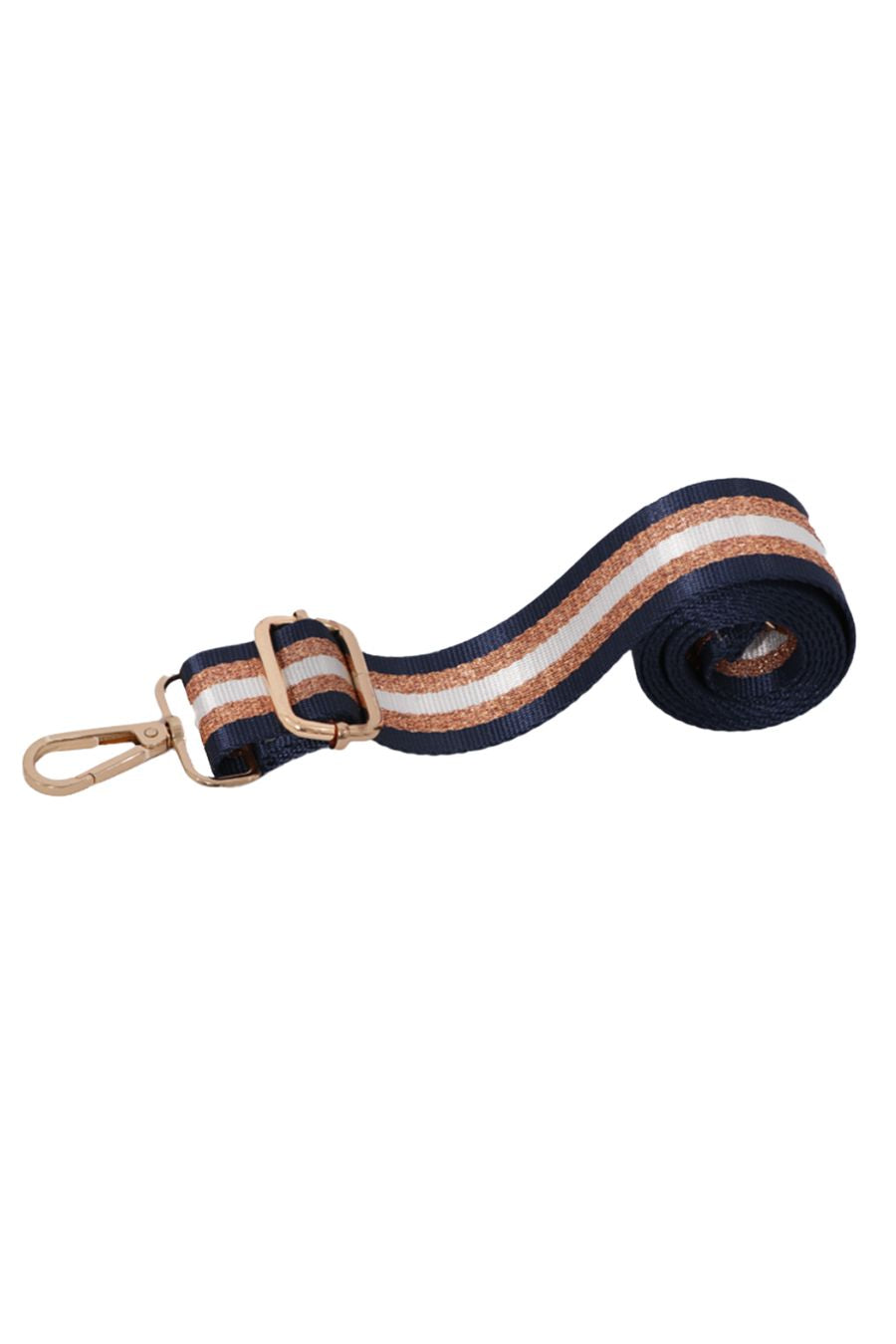 navy blue and gold bag strap, close up of clip on attachements